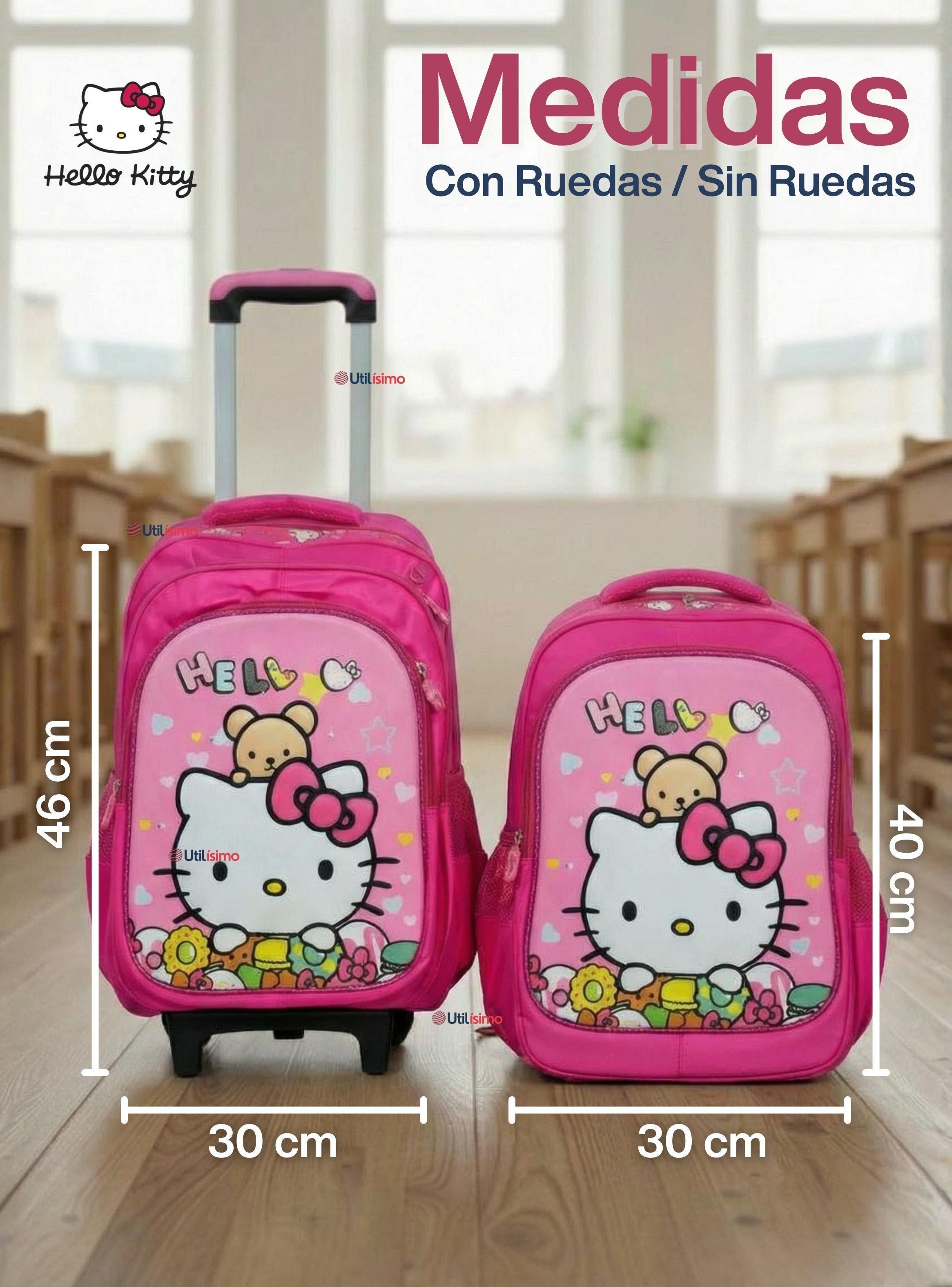 Mochila Escolar Hello Kitty Flowers Con Ruedas Desmontables + Estuche y Lonchera de Niña Poliéster-3