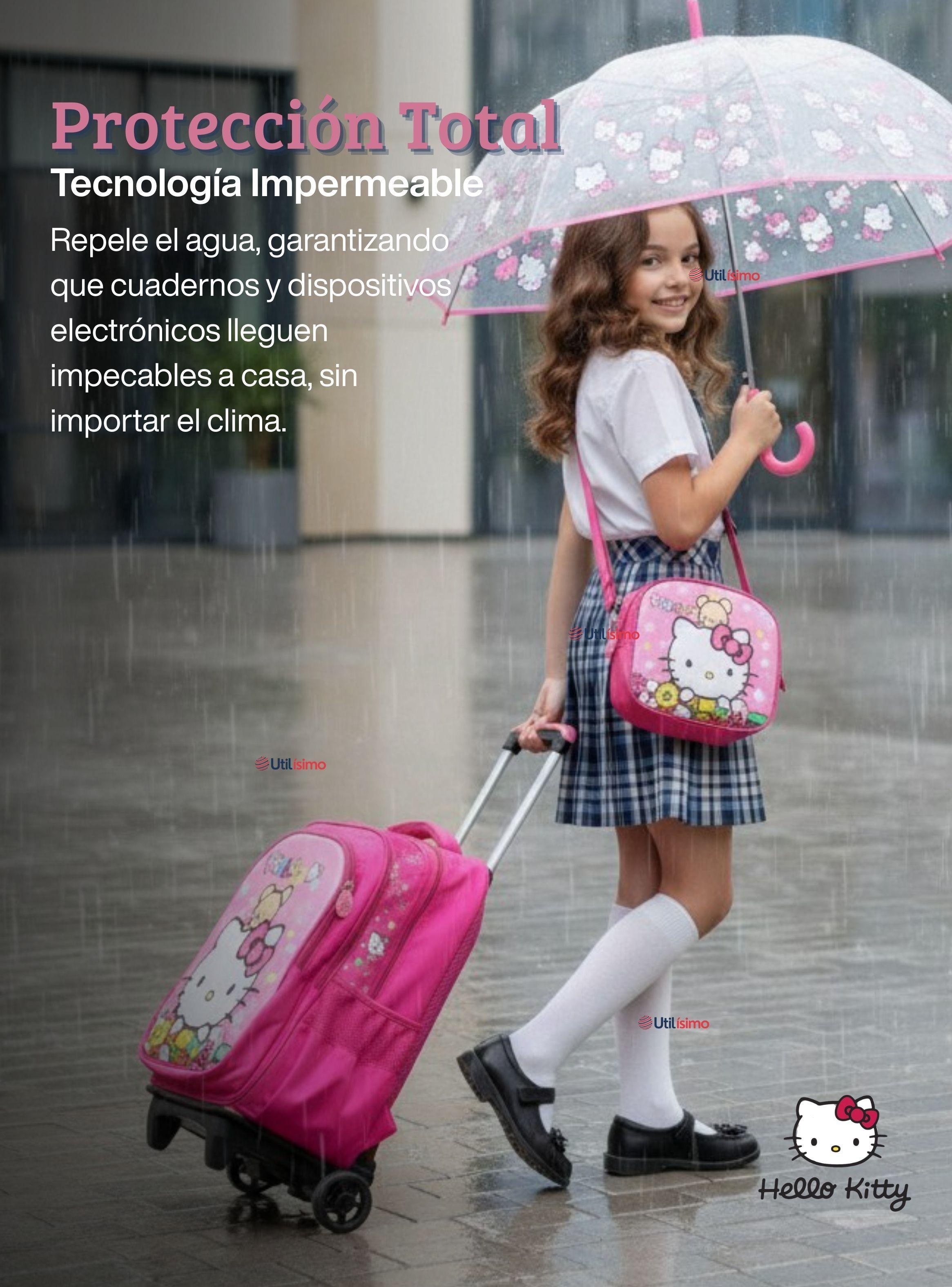 Mochila Escolar Hello Kitty Flowers Con Ruedas Desmontables + Estuche y Lonchera de Niña Poliéster-7