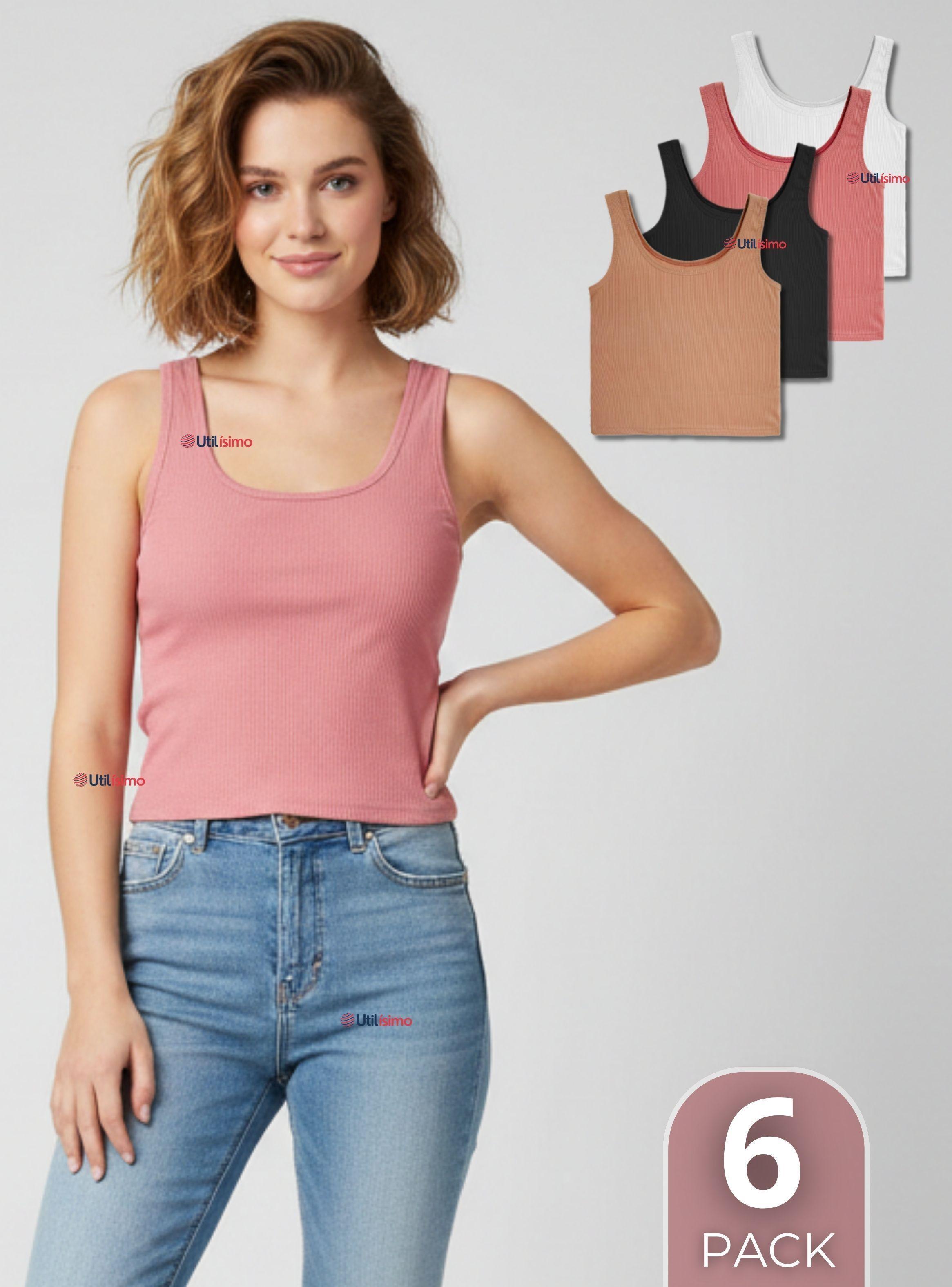 Pack 6 Camisetas Poleras Sin Mangas Tela Acanalada Algodón Mujer Color Surtido-0