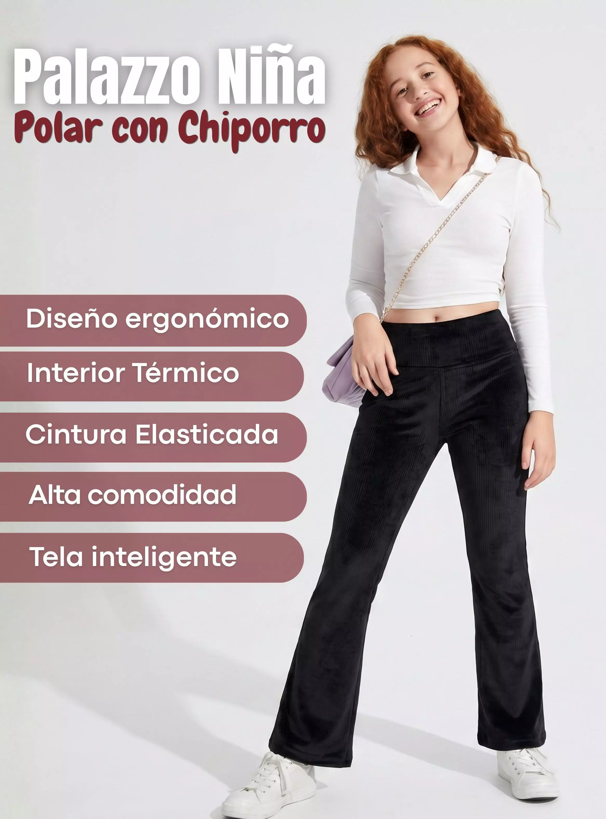 Pantalón Palazzo Polar Con Chiporro Niña Juvenil Calza Térmica Elasticada Negra-3