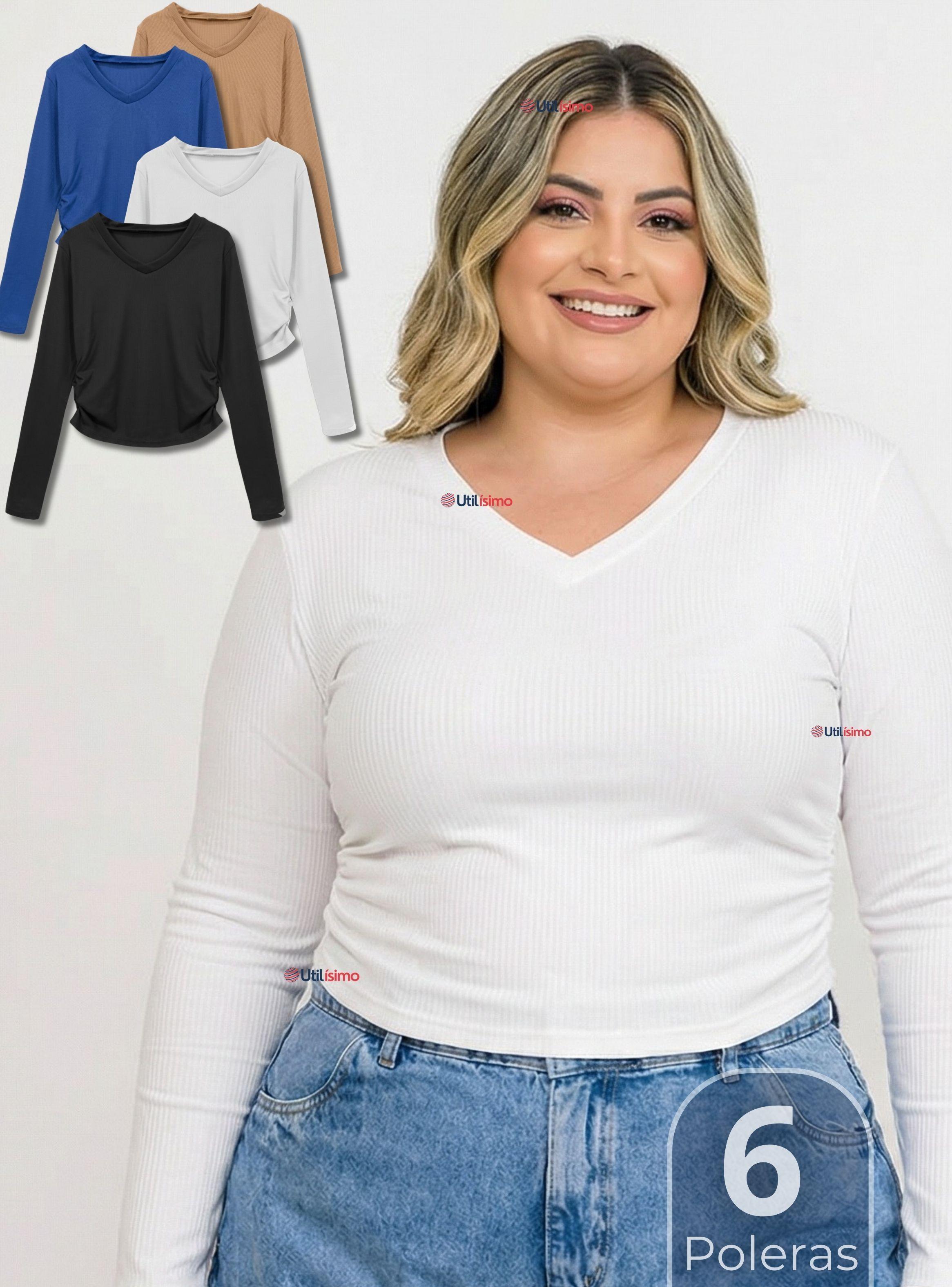 Pack 6 Camisetas Polar Polera Cuello V Mujer Manga Larga Tela Acanalada Color Surtidos-0