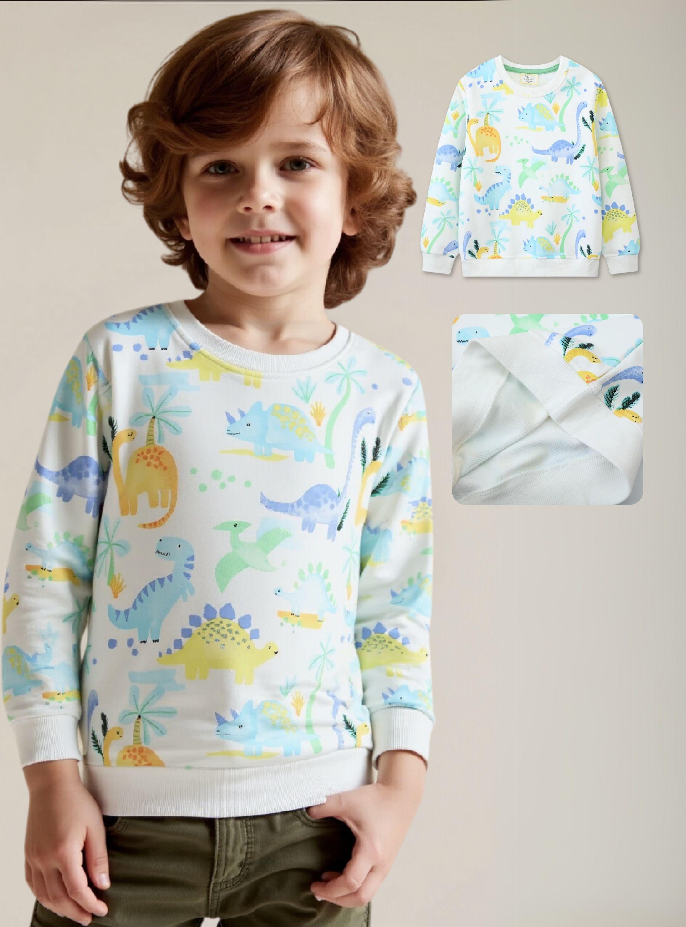 Polerón Algodón Cuello Redondo Niños Blanco Dinosaurio-0