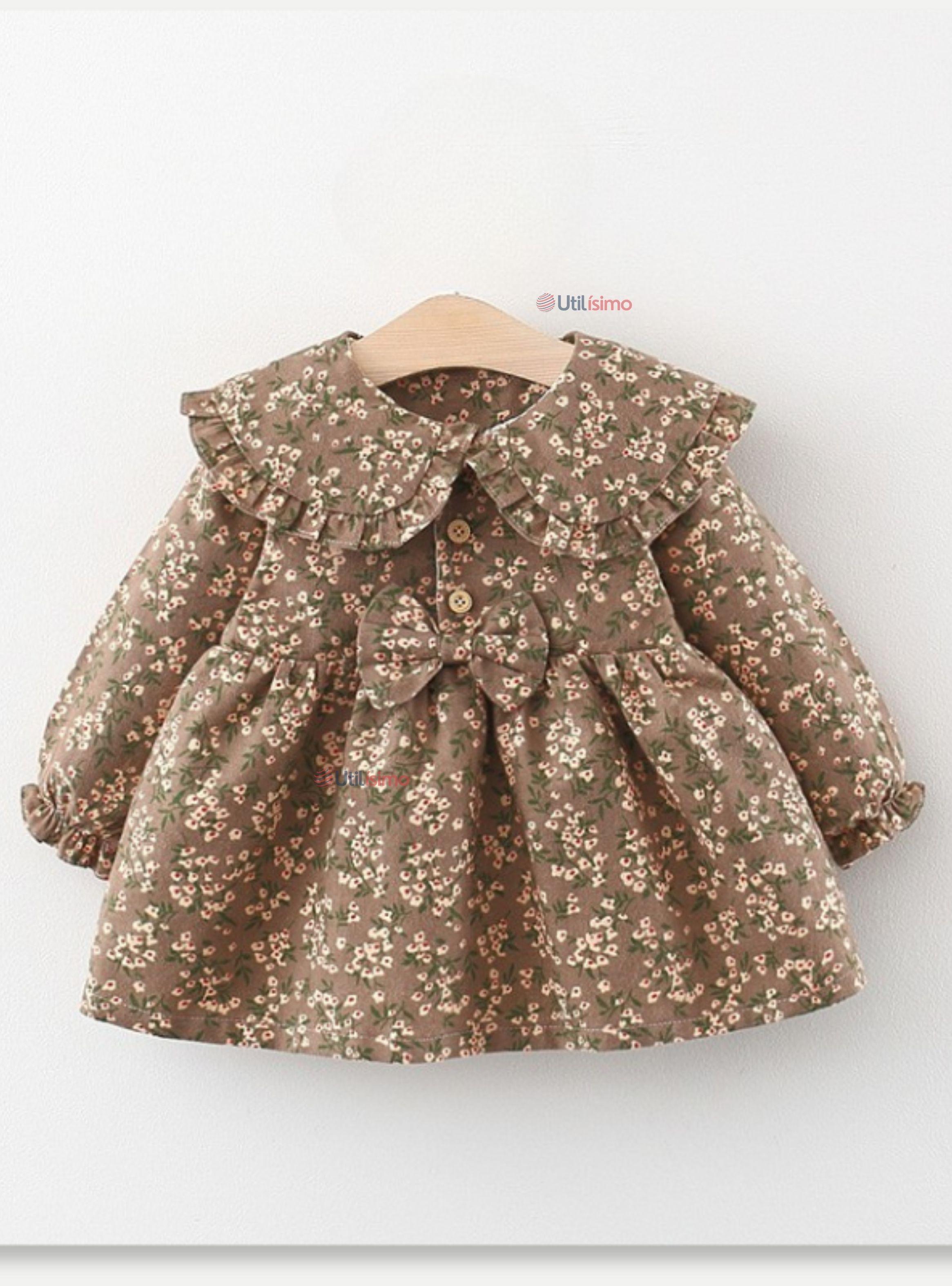 Vestido De Cotelé Floreado Forrado En Plush Niña Café-0