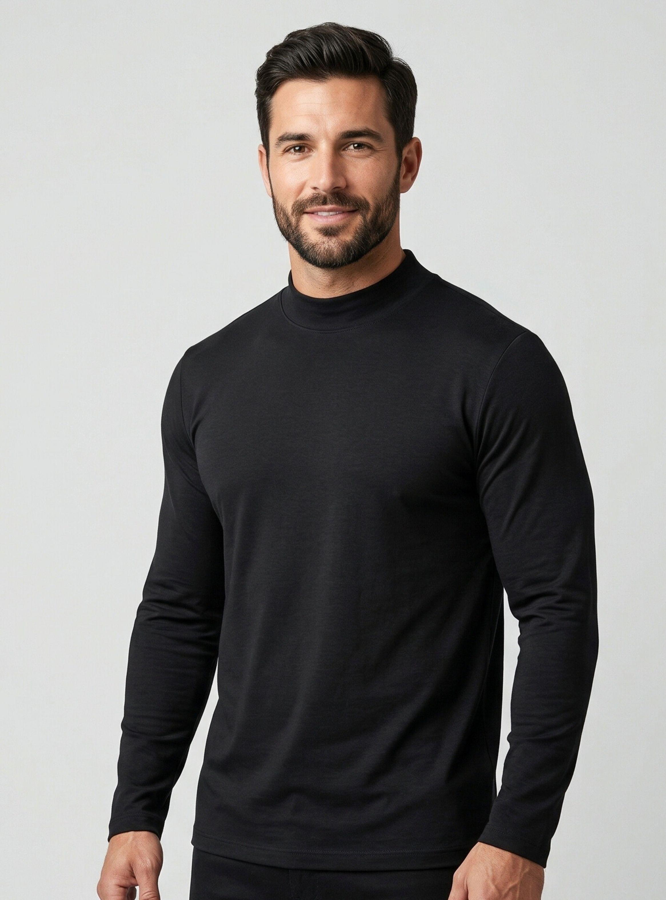 Pack 3 Camiseta Polera Bambú Primera Capa Cuello Beatle Manga Larga Negro Hombre-0