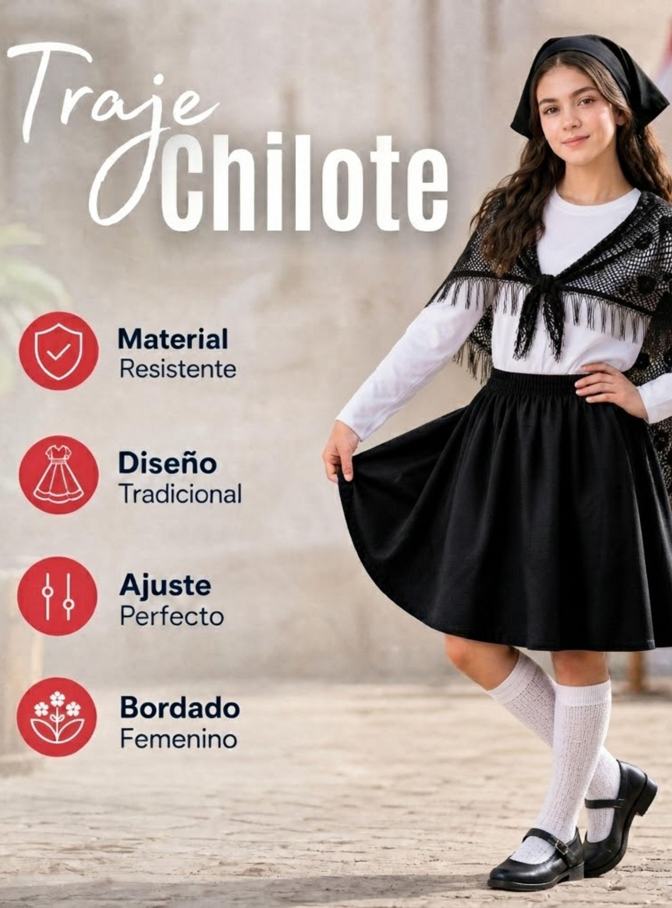 Traje Chilote Juvenil Negro Con Polera 4 Piezas Baile Típico Fiestas Patrias-5