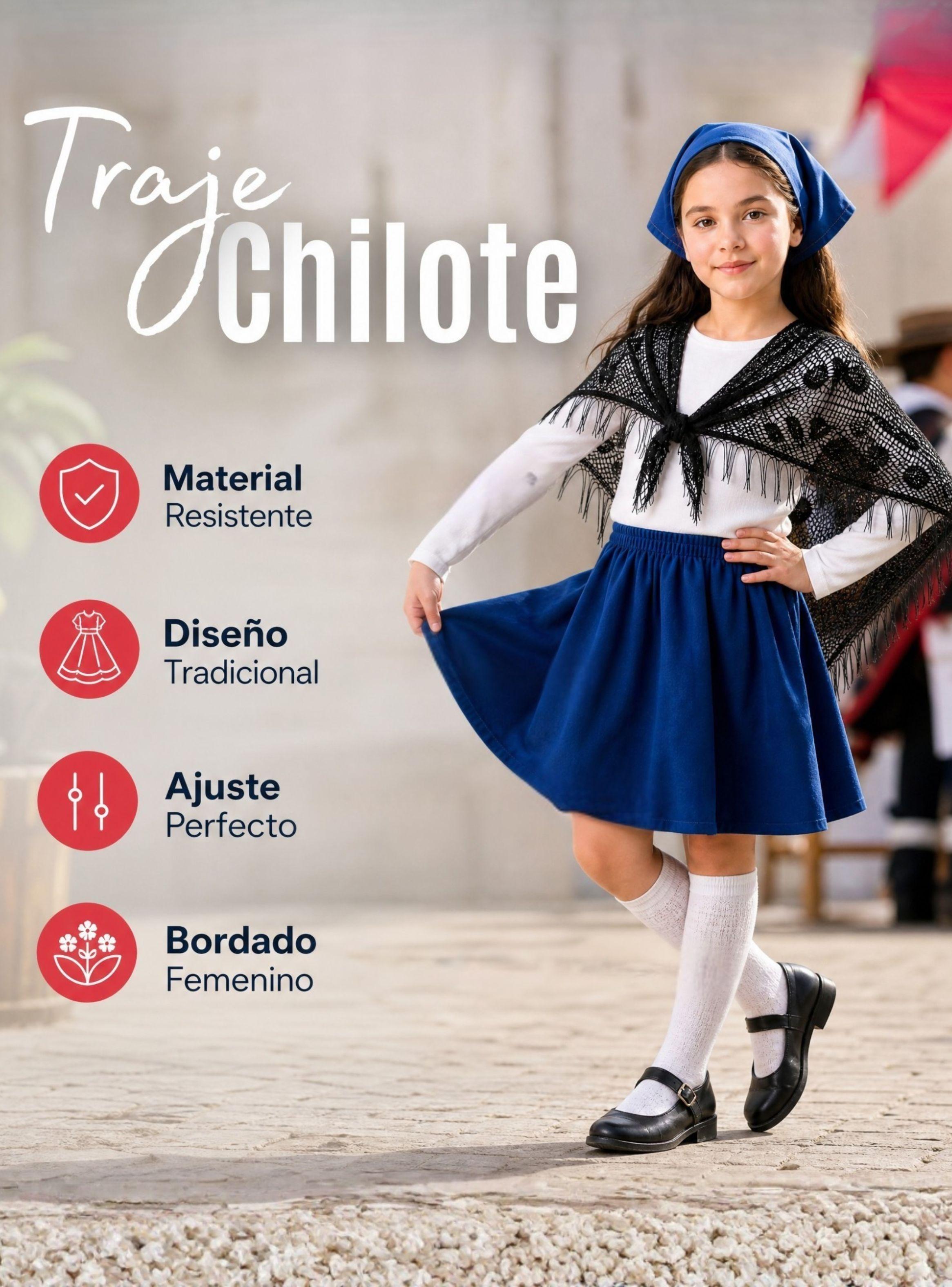 Traje Chilote de Niña Azul 4 Piezas Con Camisa Fiestas Patrias Baile Típico-5