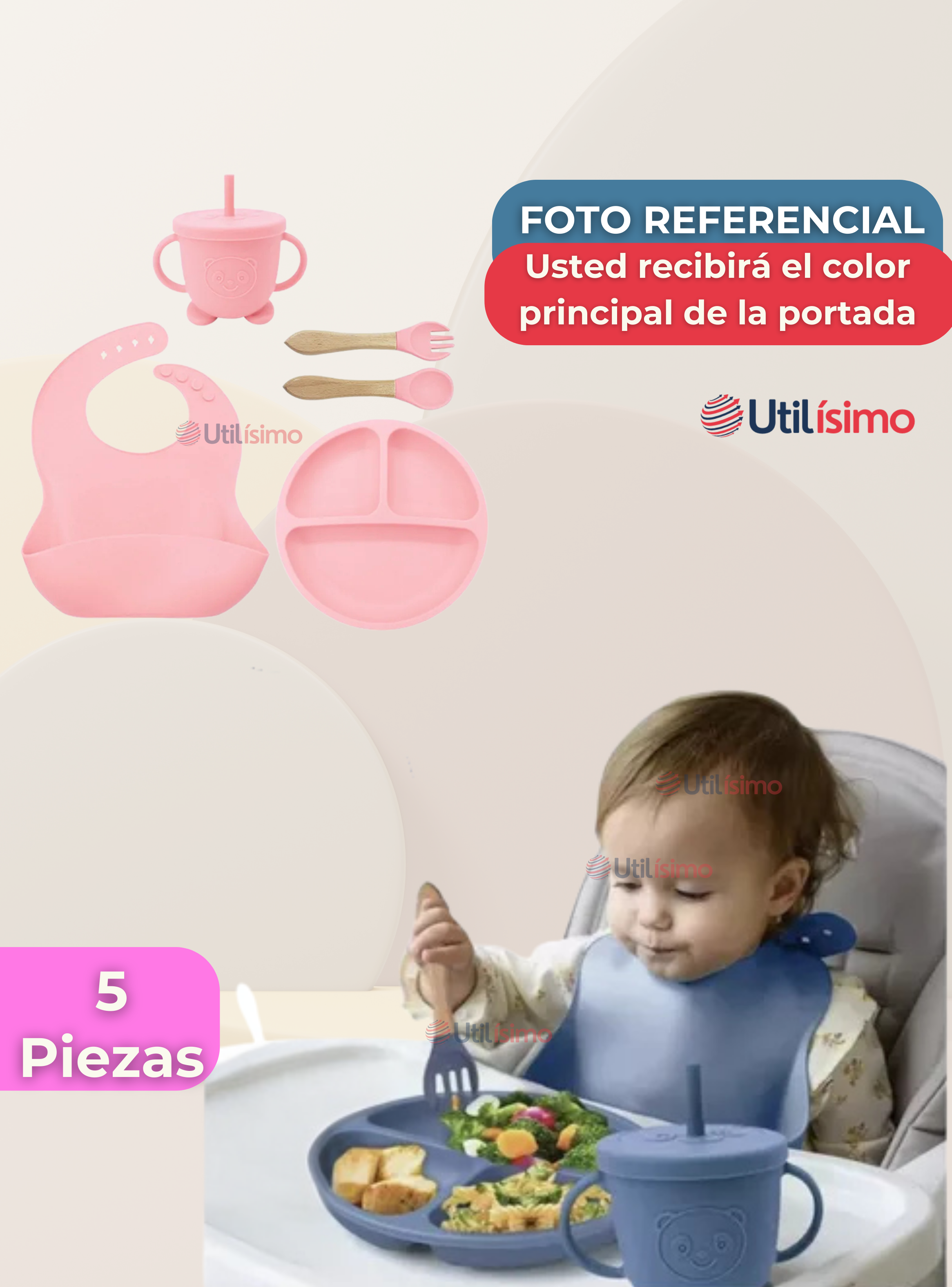 Set De Alimentación Bebé Silicona Con Vaso 5 Piezas Libre BPA Rosa Claro-6