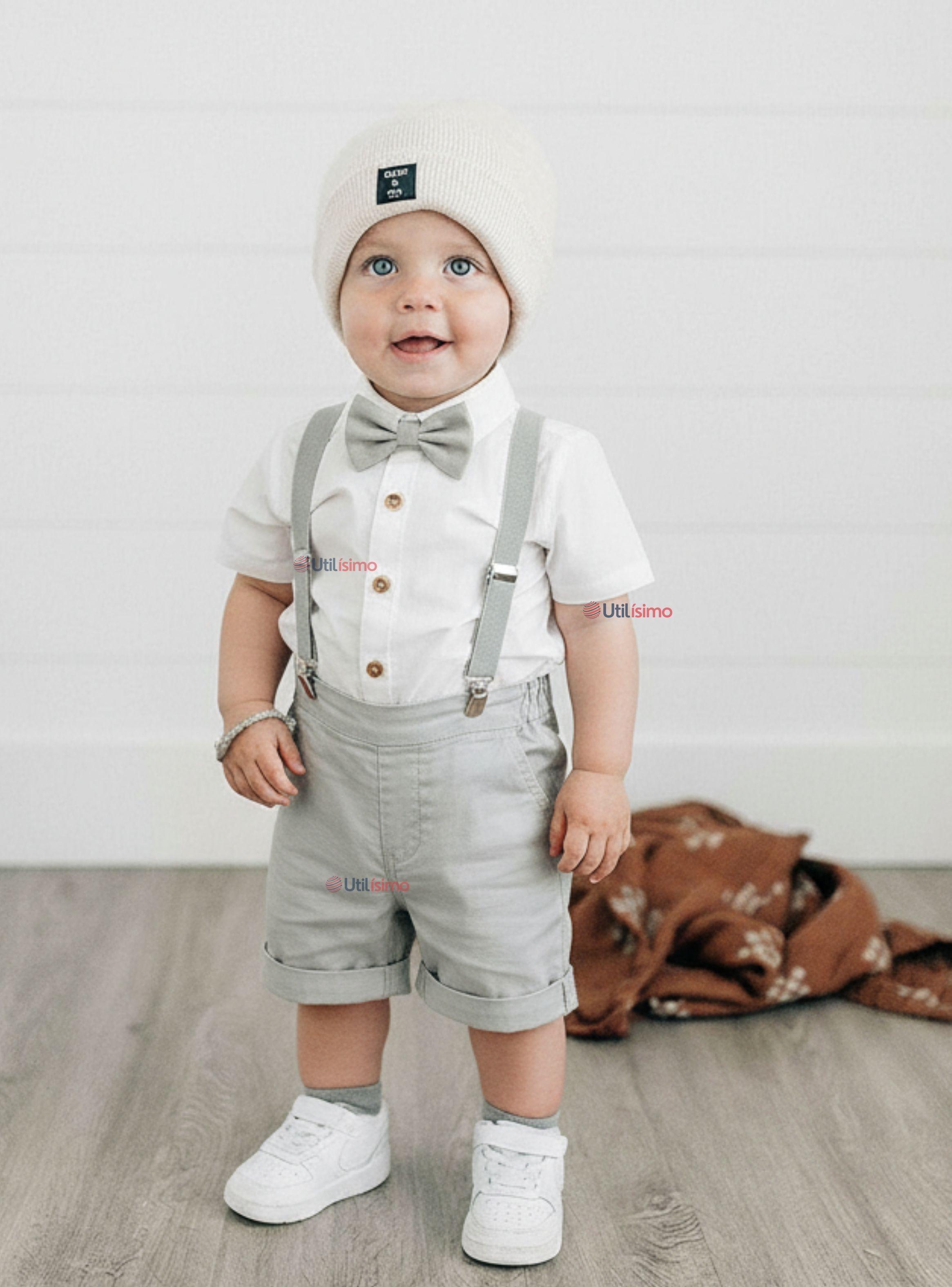 Conjunto De Vestir Con Tirantes Camisa y Pantalón Corto Algodón Bebé Gris-0