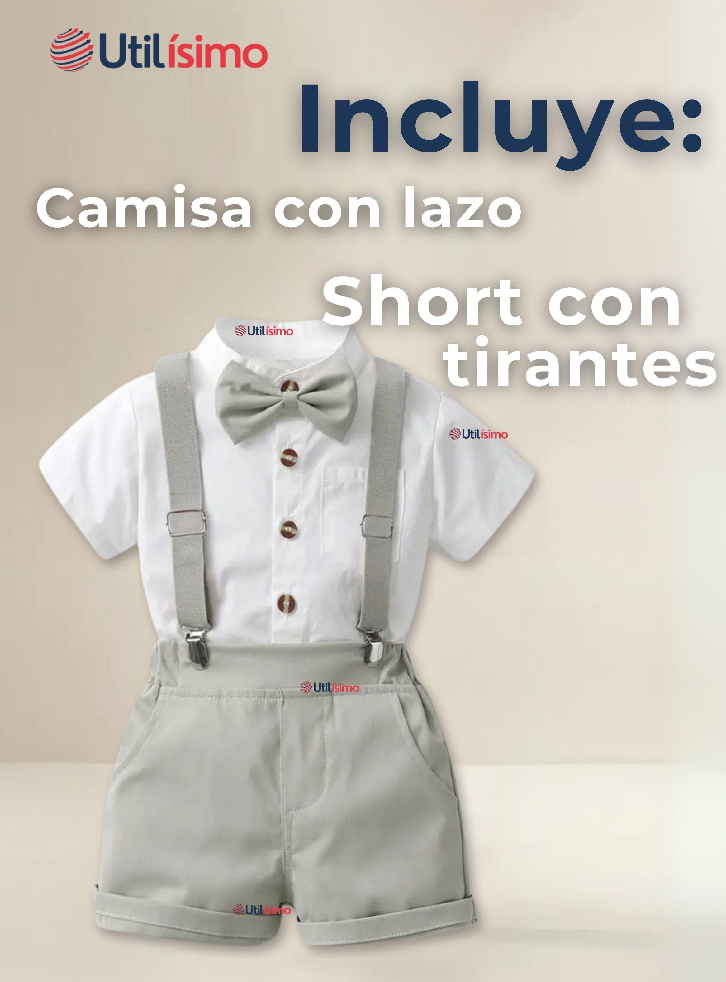 Conjunto De Vestir Con Tirantes Camisa y Pantalón Corto Algodón Bebé Gris-1
