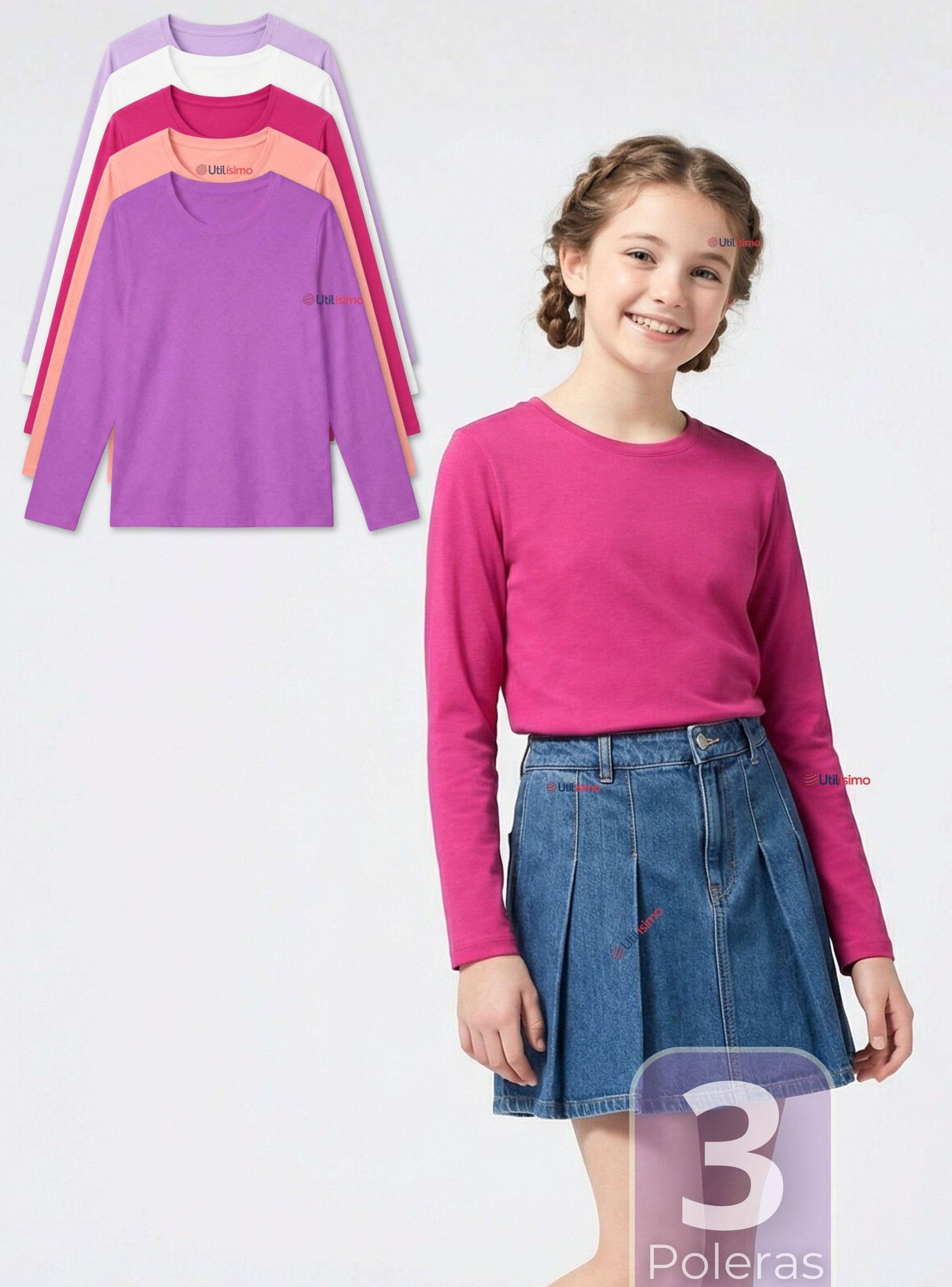 Pack 3 Polera Camiseta Polar Primera Capa Cuello Redondo Manga Larga Colores Surtidos Niñas-0