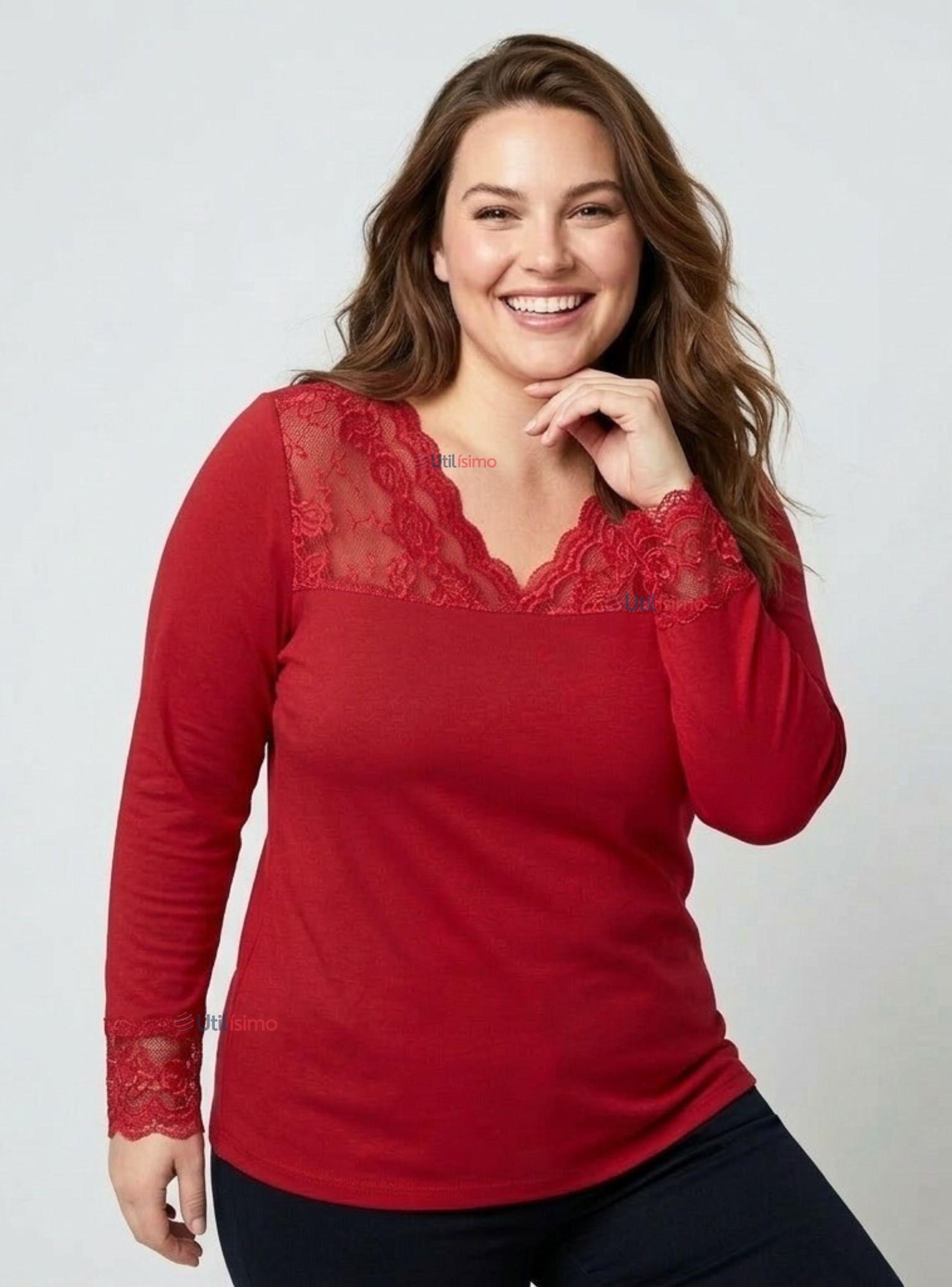 Camiseta Polera Bambú Cuello V Manga Larga Con Encaje en Colores Surtidos Mujer-0