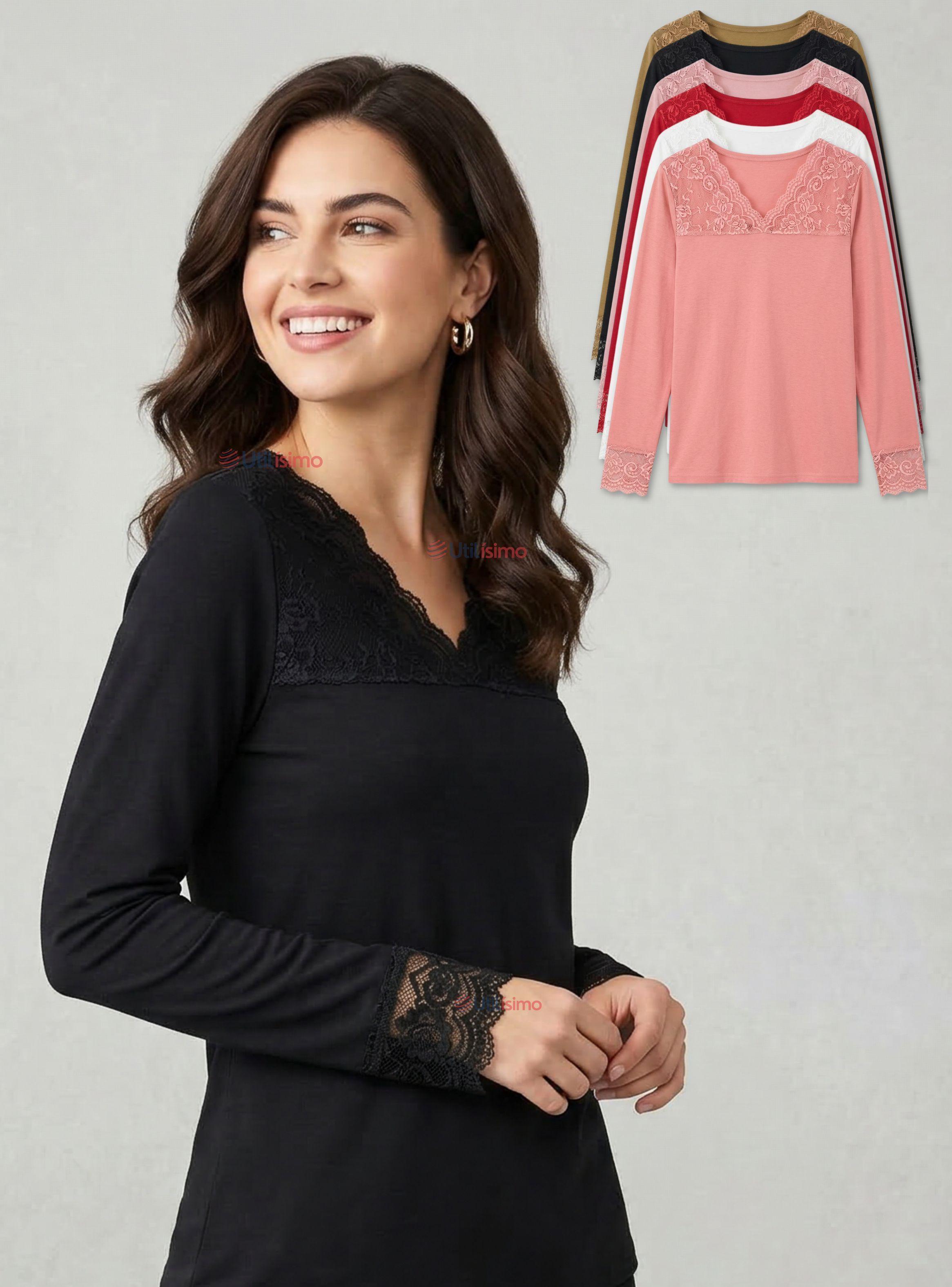 Camiseta Polera Bambú Cuello V Manga Larga Con Encaje en Colores Surtidos Mujer-1