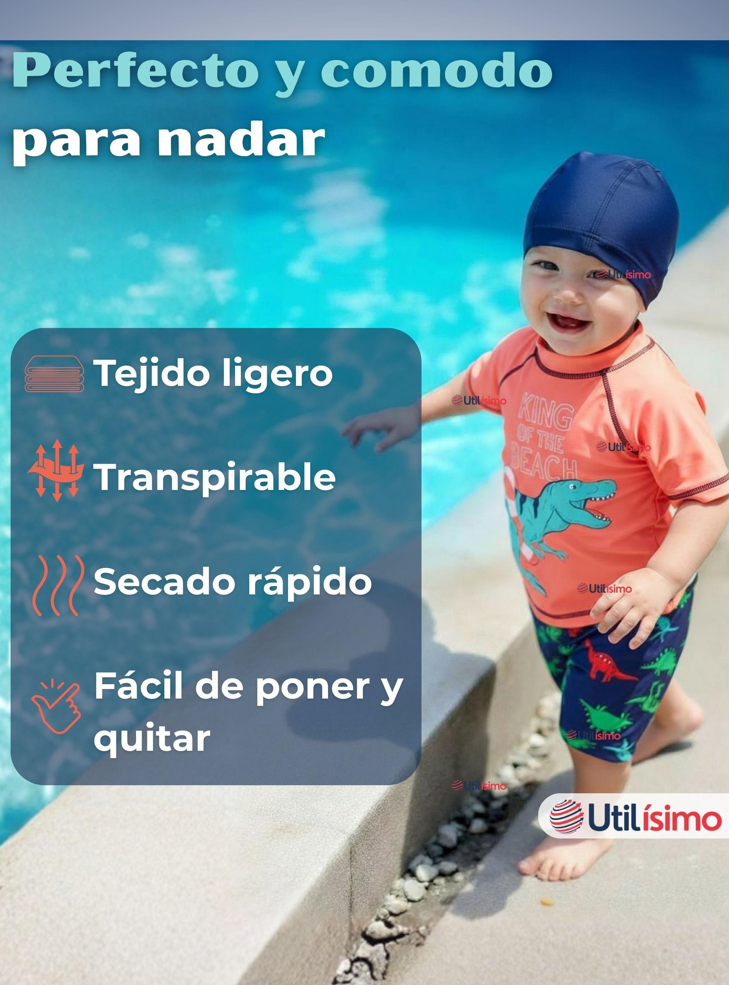 Traje De Baño Polera Pantalón Corto y Gorro de Baño 3 piezas Corte Split Niño de 3 a 9 Años Dino-4