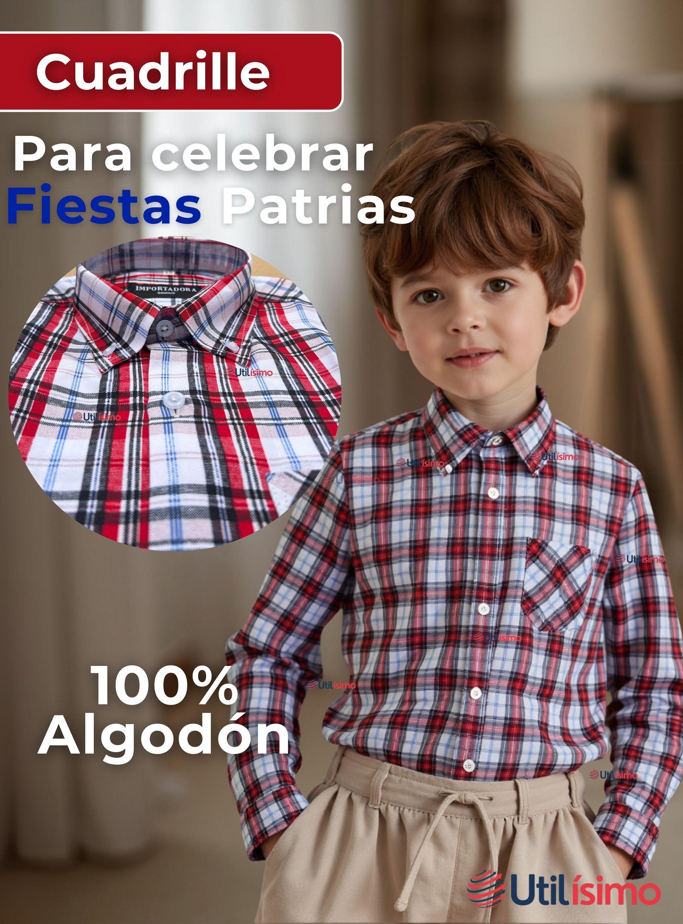 Camisa Huaso Cuadrillé  Manga Larga 100% Algodón Cuadros Azul y Blanco -1