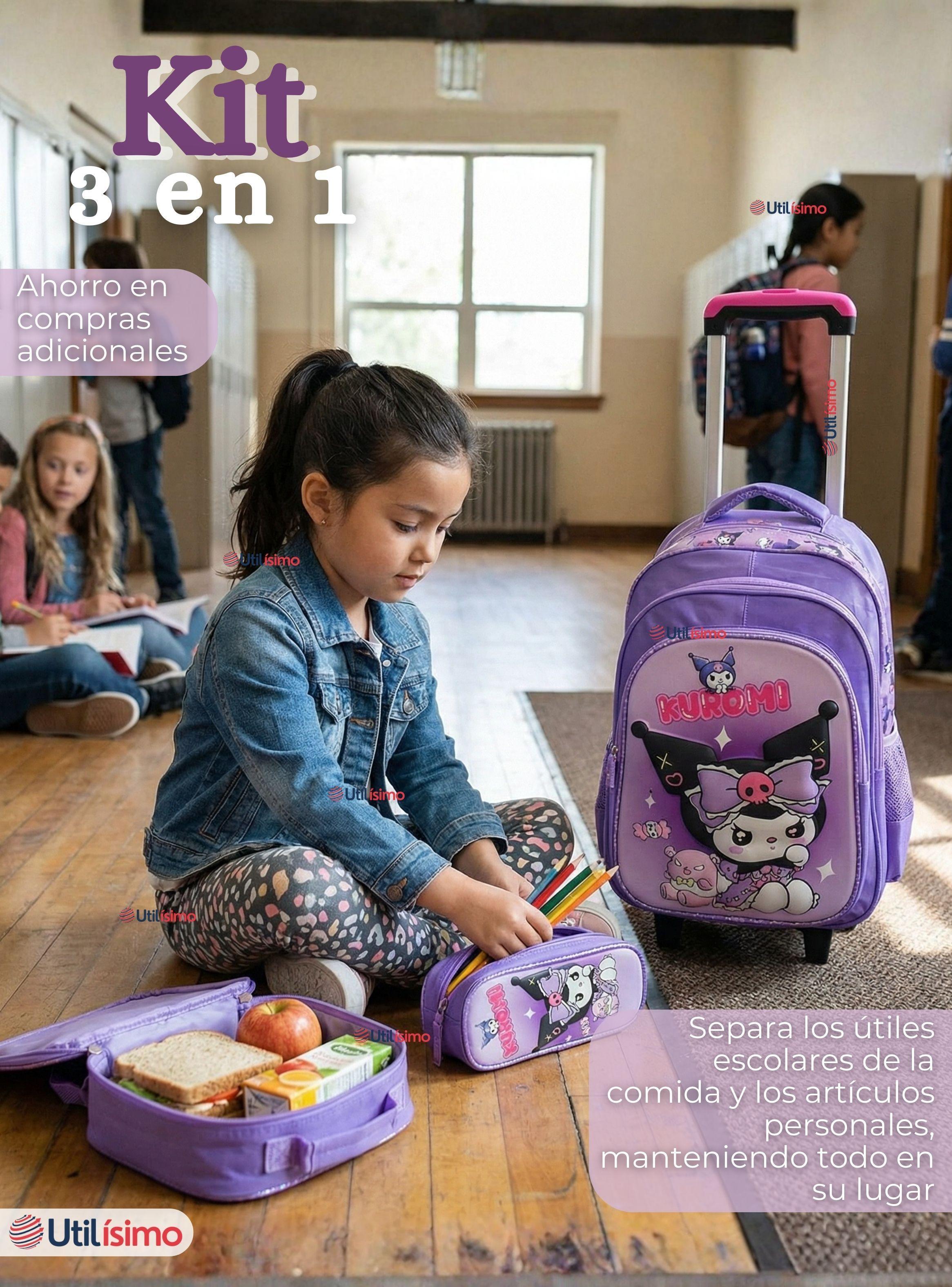 Mochila Escolar Kuromi 3D Con Ruedas Desmontable + Estuche + Lonchera Poliéster Lila Niña-2