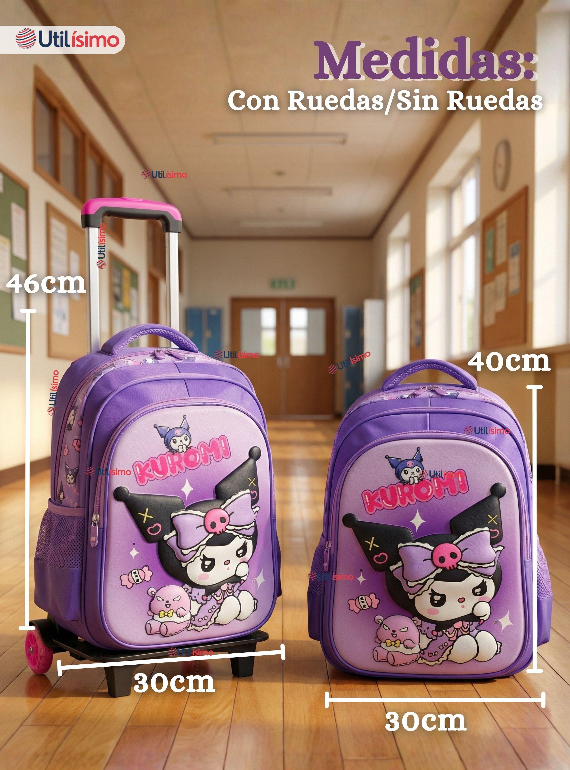 Mochila Escolar Kuromi 3D Con Ruedas Desmontable + Estuche + Lonchera Poliéster Lila Niña-3