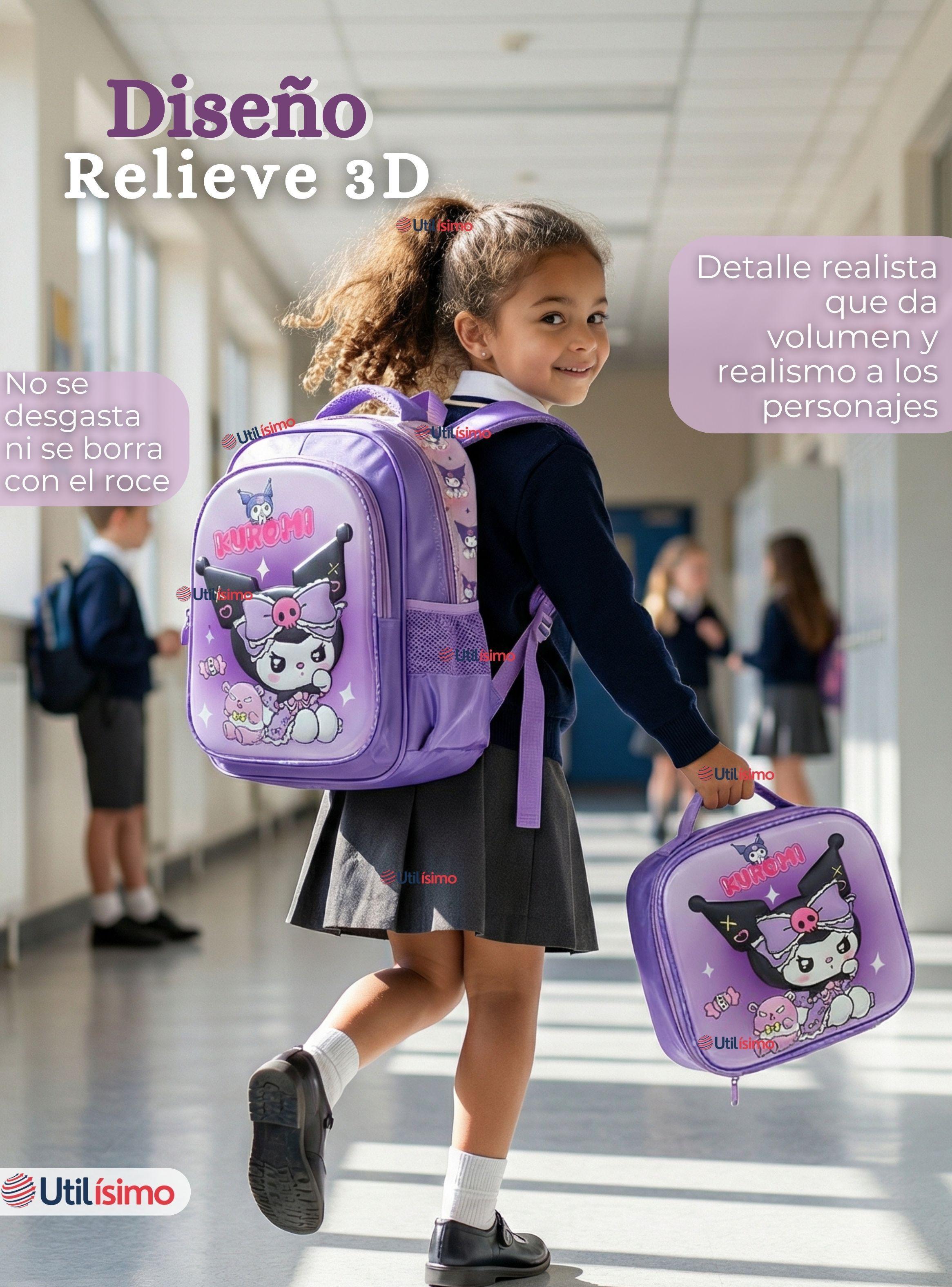 Mochila Escolar Kuromi 3D Con Ruedas Desmontable + Estuche + Lonchera Poliéster Lila Niña-4