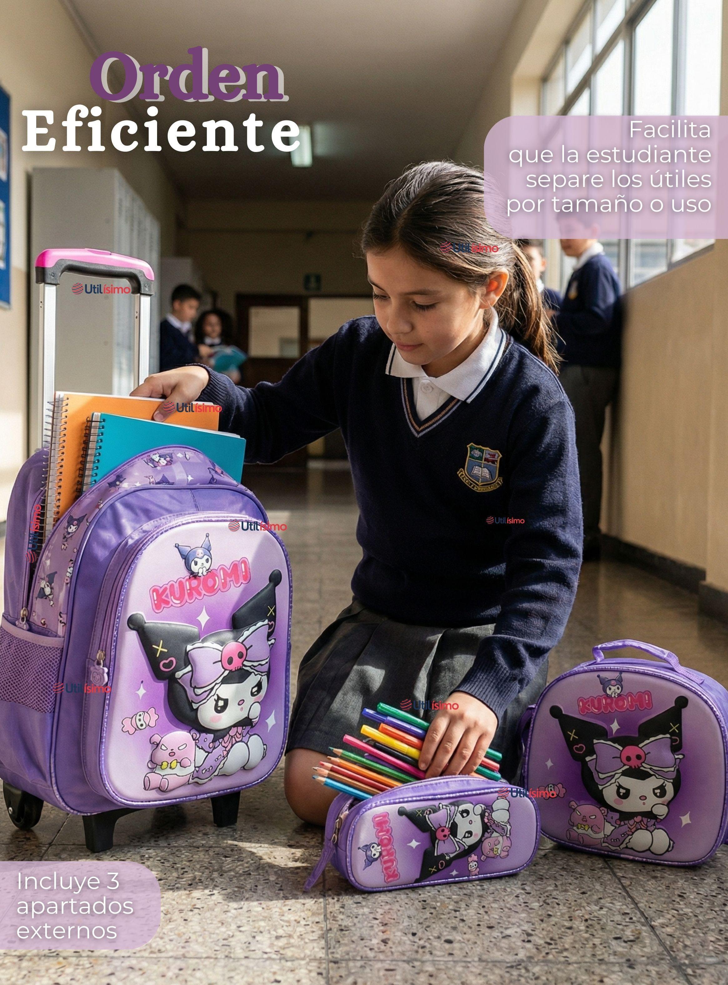 Mochila Escolar Kuromi 3D Con Ruedas Desmontable + Estuche + Lonchera Poliéster Lila Niña-7