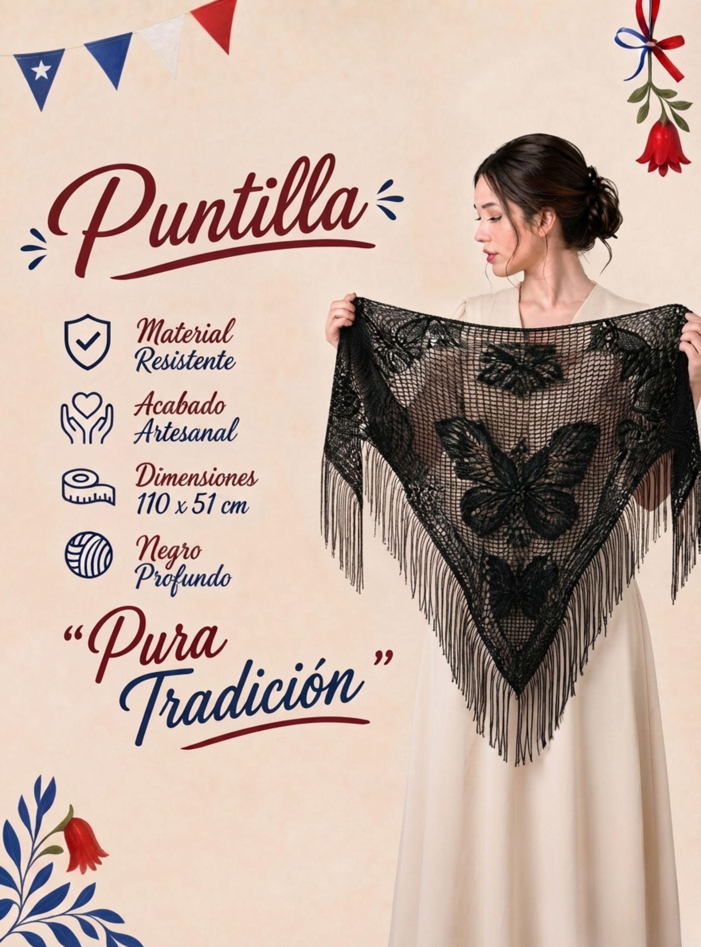 Puntilla Chal Negro Baile Chilote Mujer Trajes Típicos 110x51 cm-2