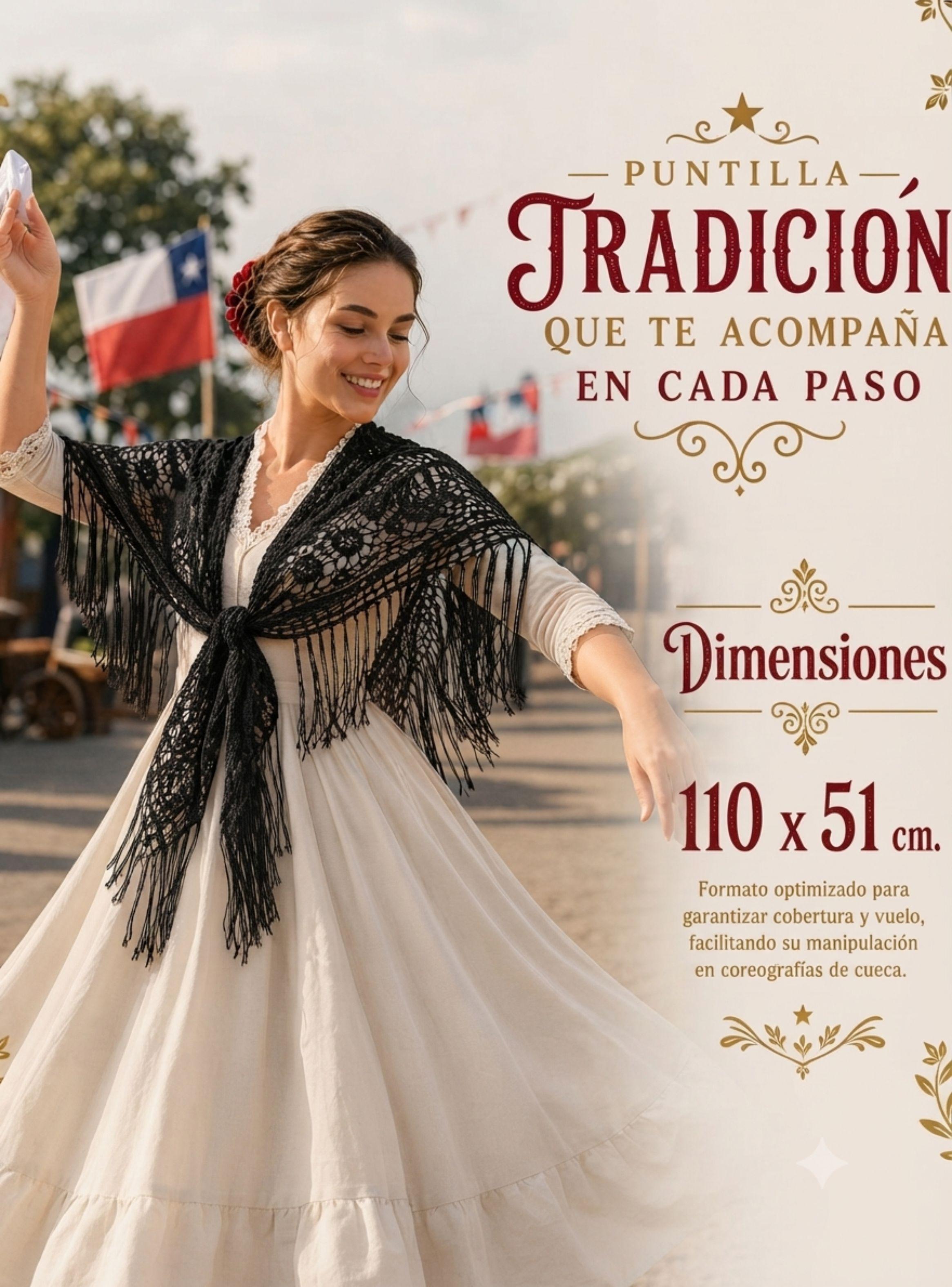 Puntilla Chal Negro Baile Chilote Mujer Trajes Típicos 110x51 cm-3