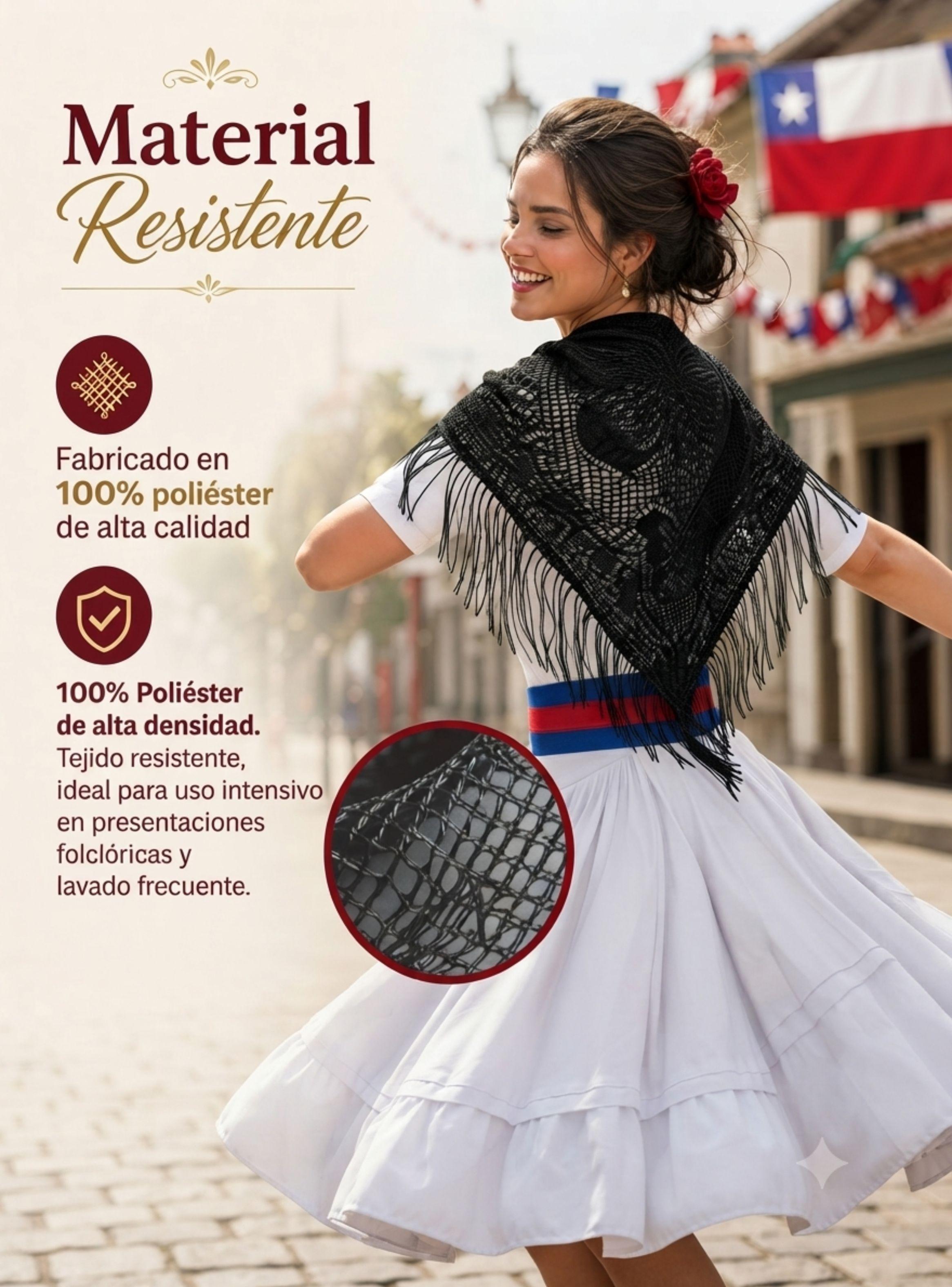 Puntilla Chal Negro Baile Chilote Mujer Trajes Típicos 110x51 cm-4