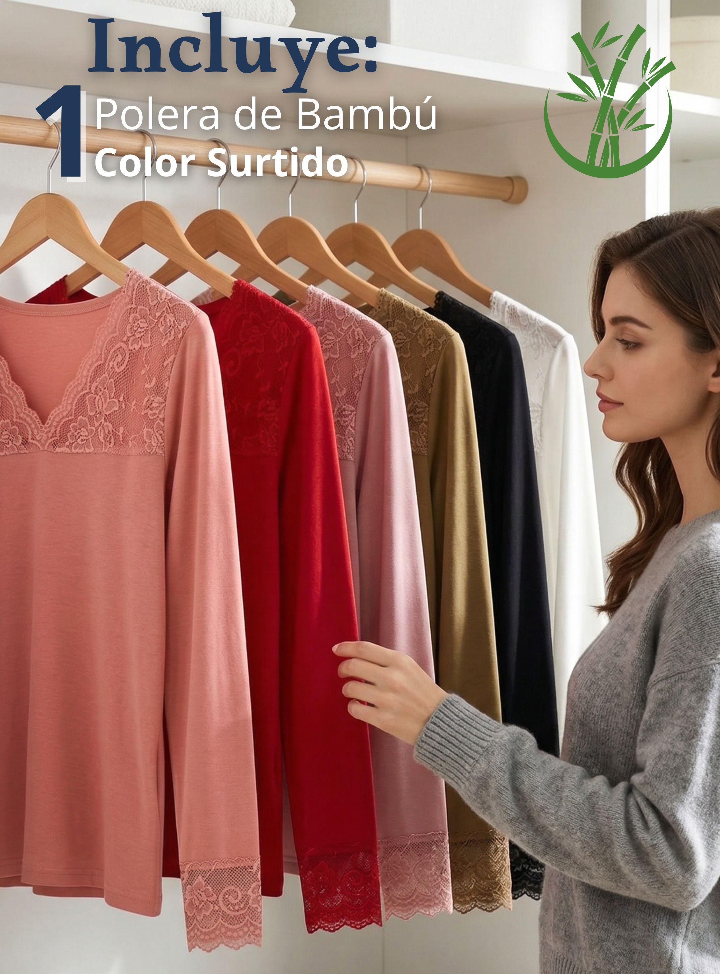 Camiseta Polera Bambú Cuello V Mangas Largas Con Encaje Colores Surtidos Mujer-2
