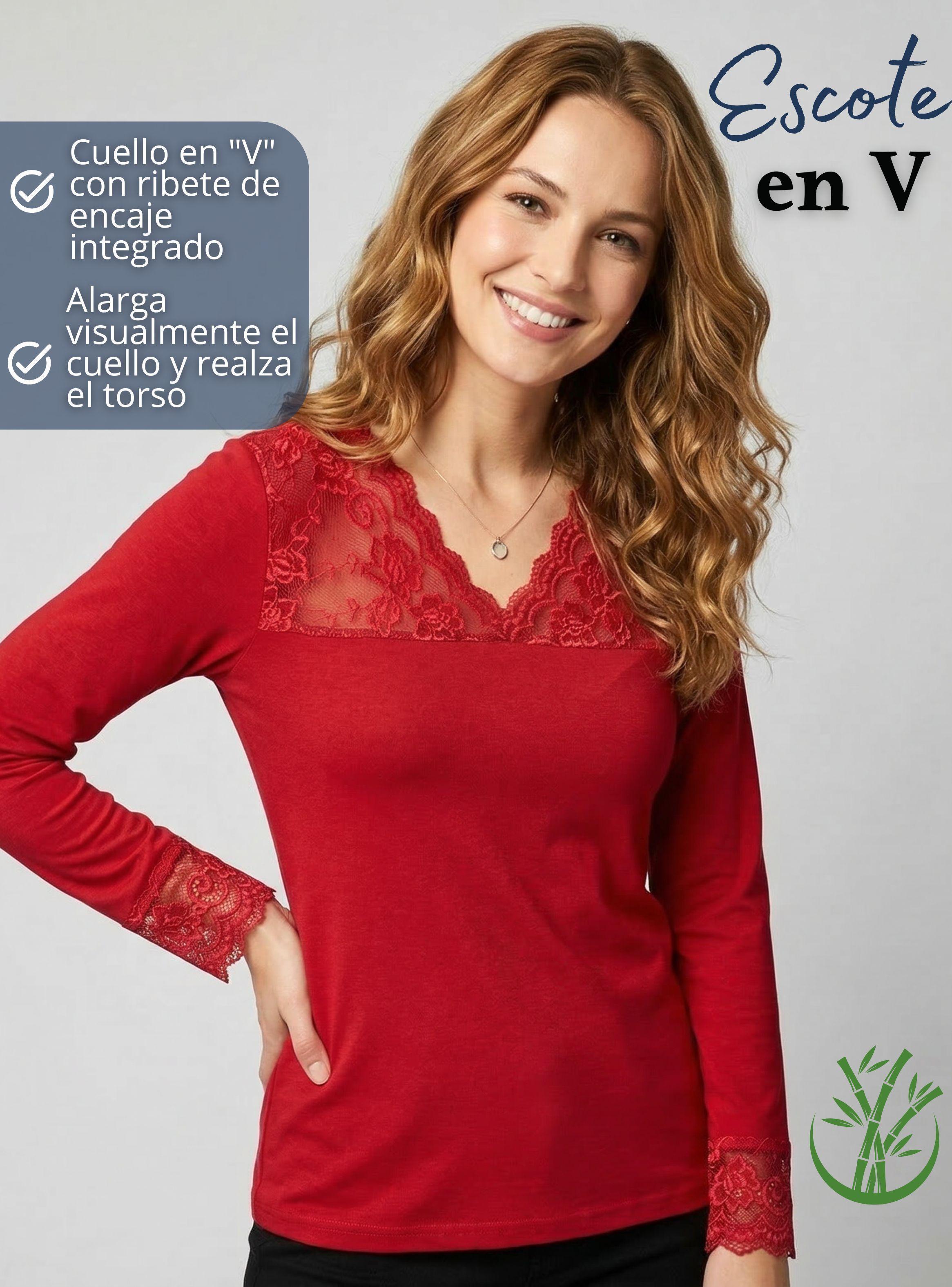 Camiseta Polera Bambú Cuello V Mangas Largas Con Encaje Colores Surtidos Mujer-5