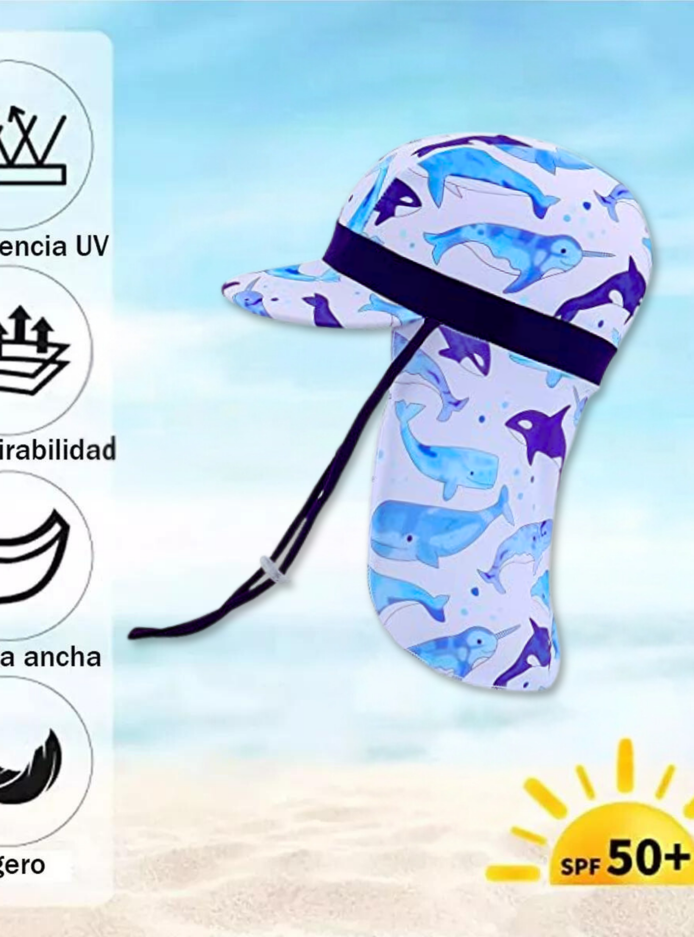 Gorro para el Sol con Solapas Protección UV Niños de 1 a 10 Años Blanco Delfines-1