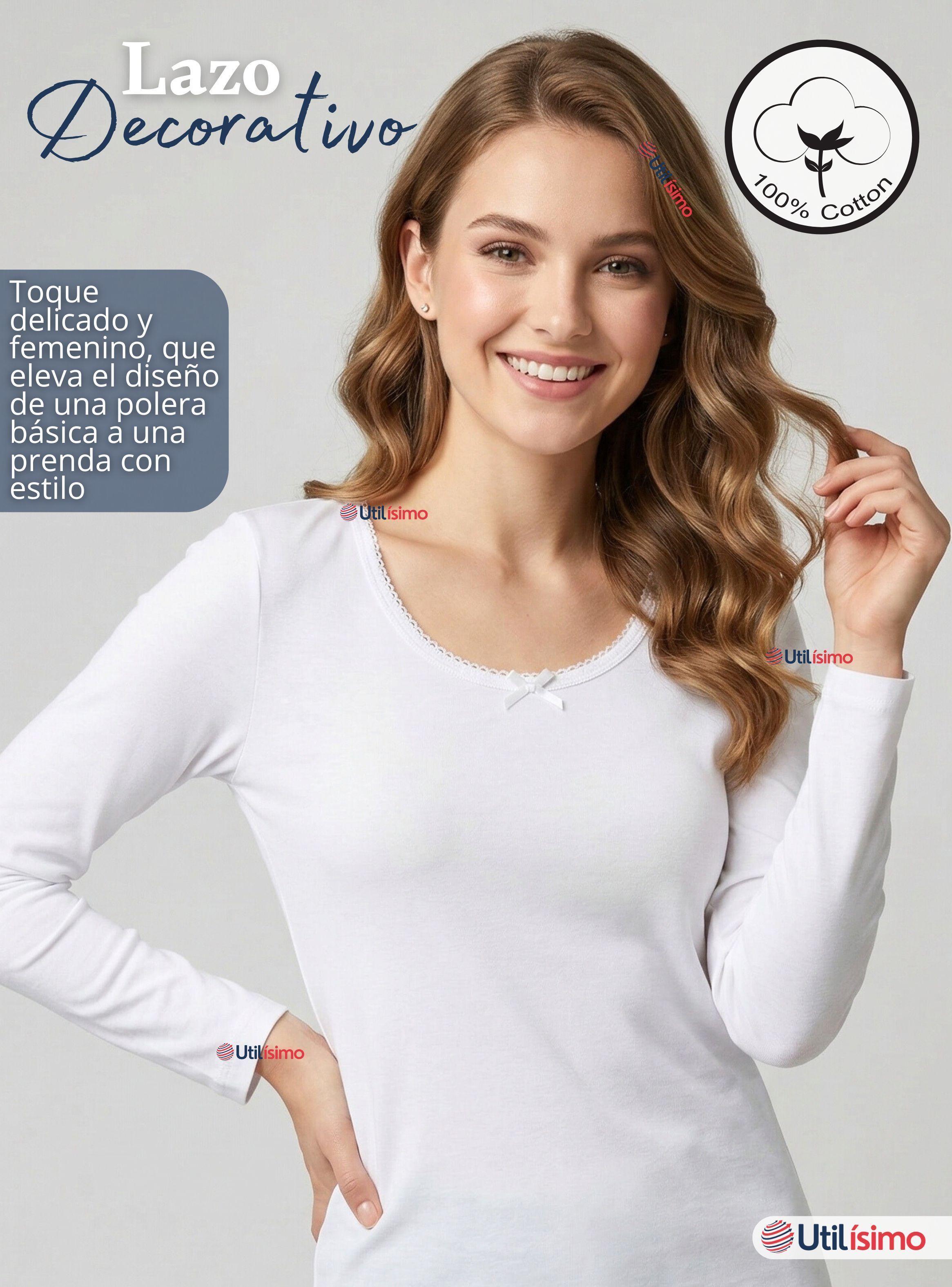 Camiseta Polera de Algodón Primera Capa Manga Larga Blanco Mujer-6