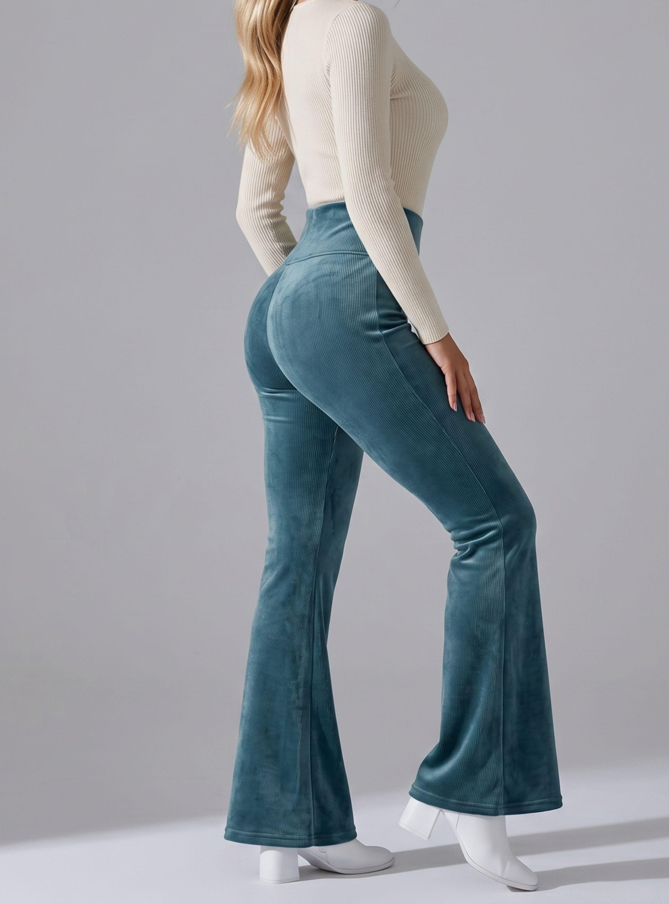 Pantalón Cotelé Palazzo Polar Con Chiporro Elasticado Térmico Color Verde Agua-1