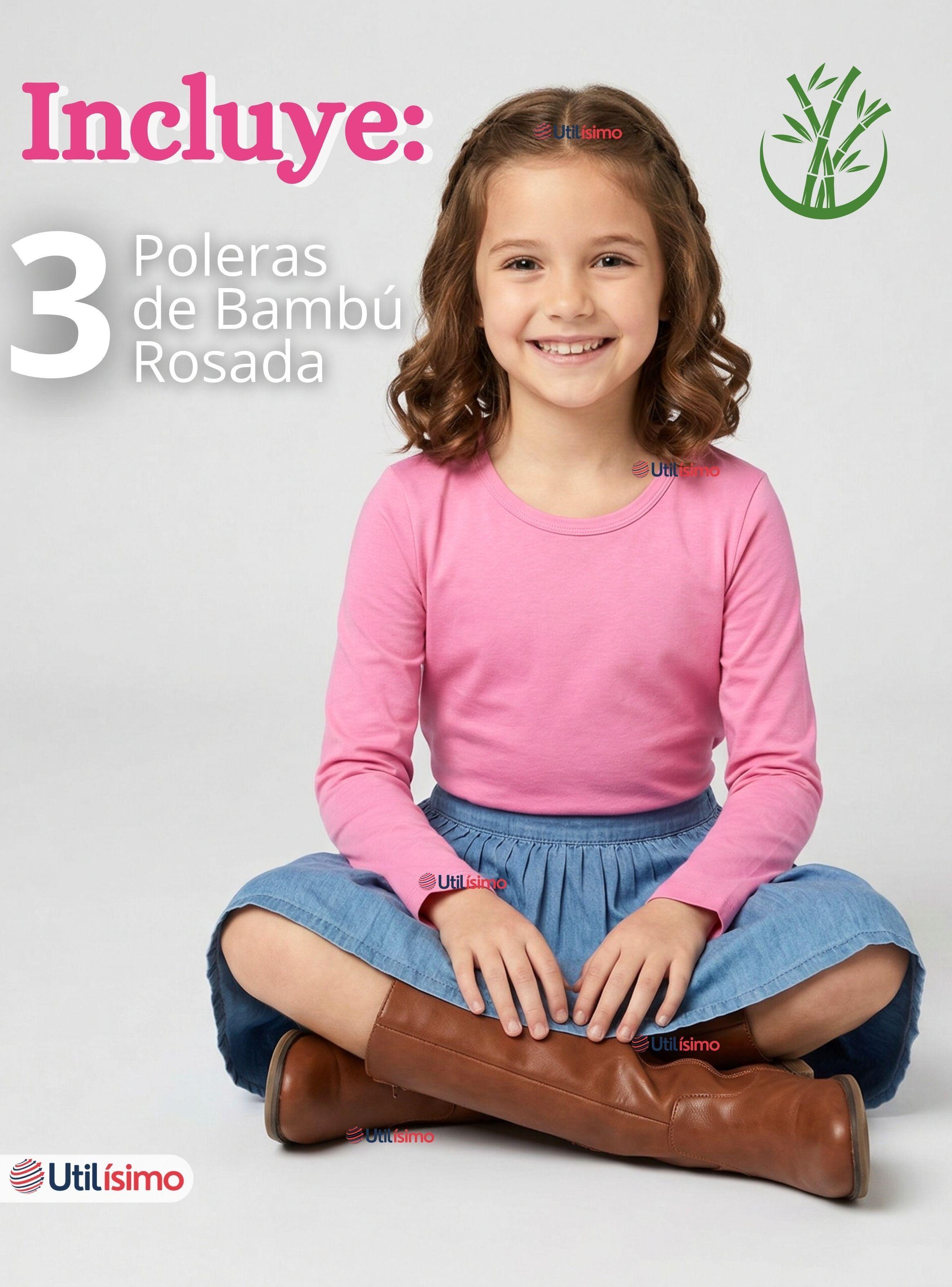 Pack 3 Camisetas Poleras Bambú Cuello Redondo Rosado Oscuro Primera Capa Mangas Largas para Niñas-1