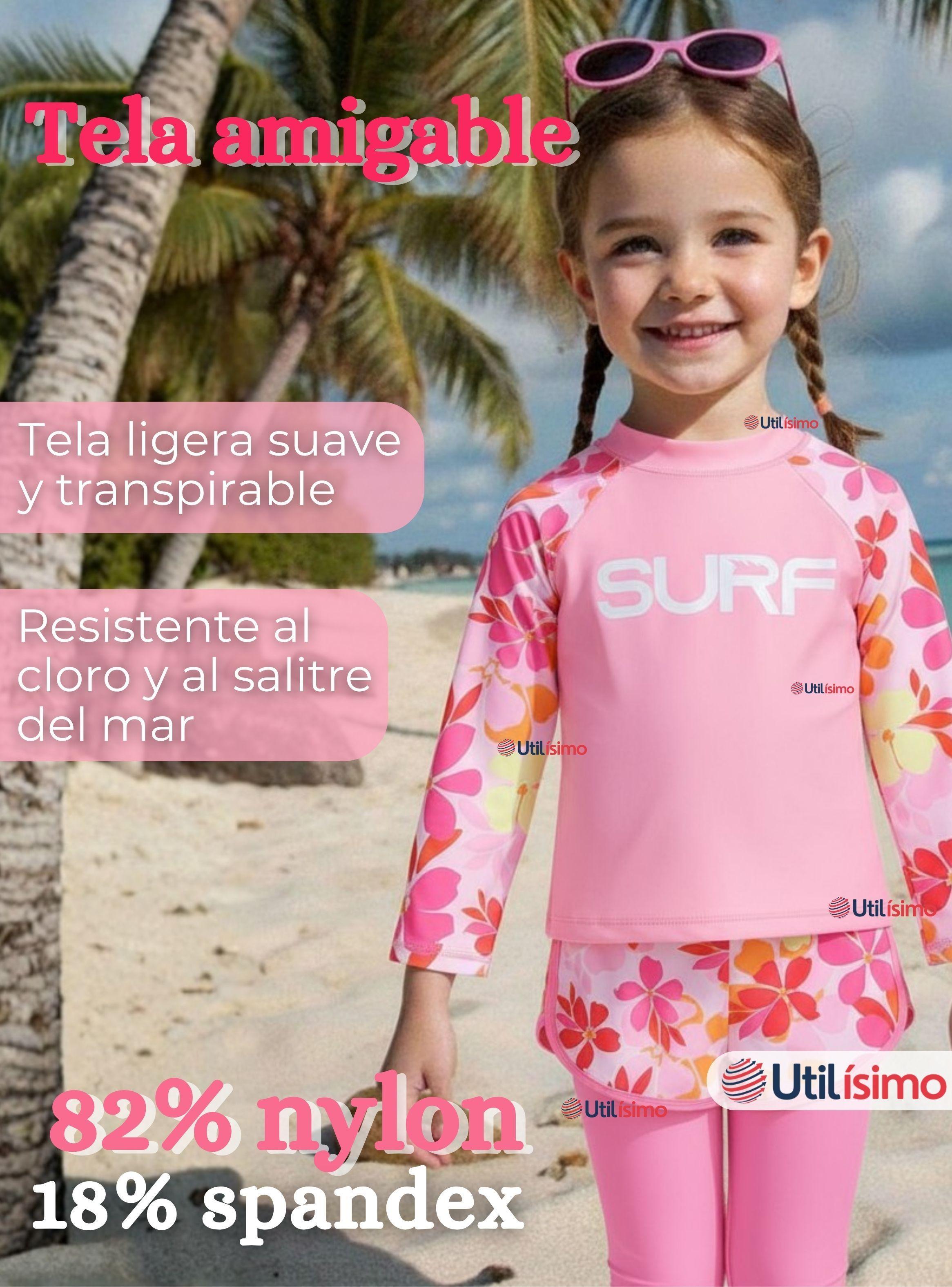 Traje de Baño Polera Manga Larga Pantalón Largo y Corto 3 Piezas para Niña 3 a 11 años Pink Flowers-2