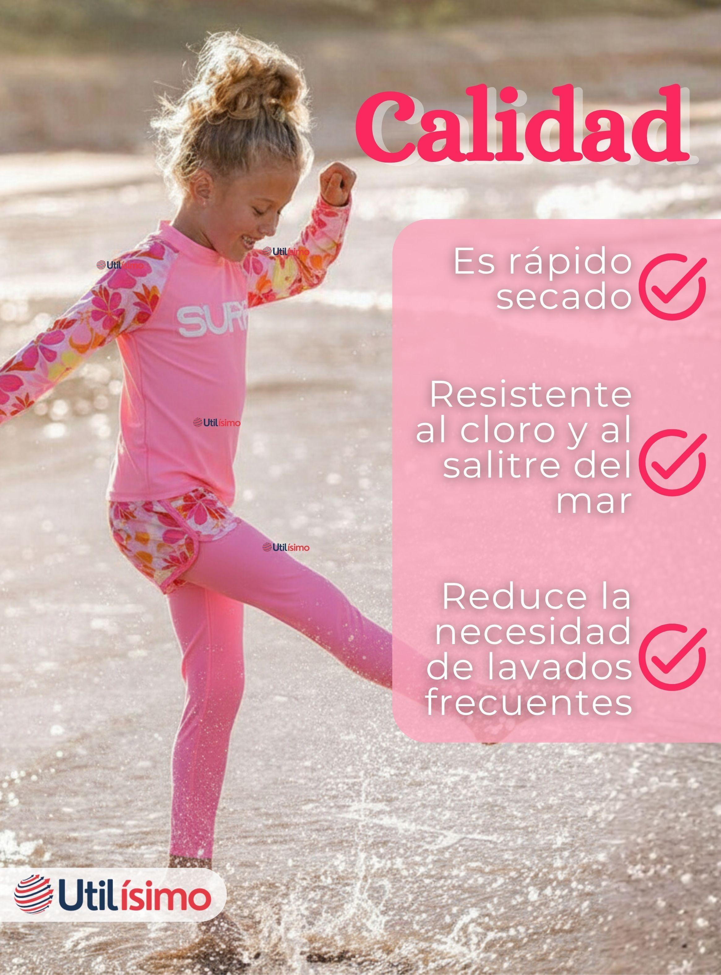 Traje de Baño Polera Manga Larga Pantalón Largo y Corto 3 Piezas para Niña 3 a 11 años Pink Flowers-7