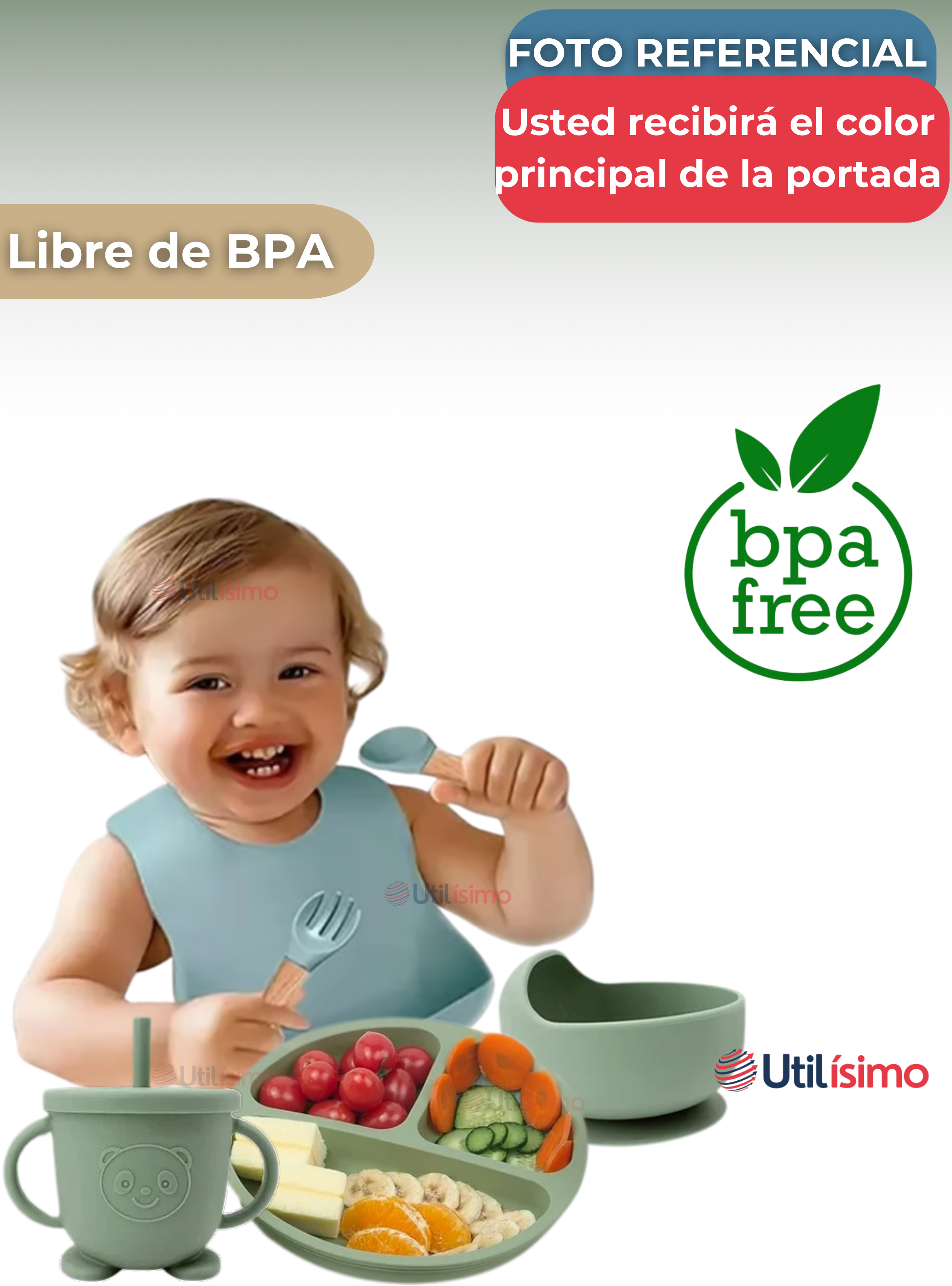 Set De Alimentación Bebé Silicona 6 Piezas Libre BPA Verde-2
