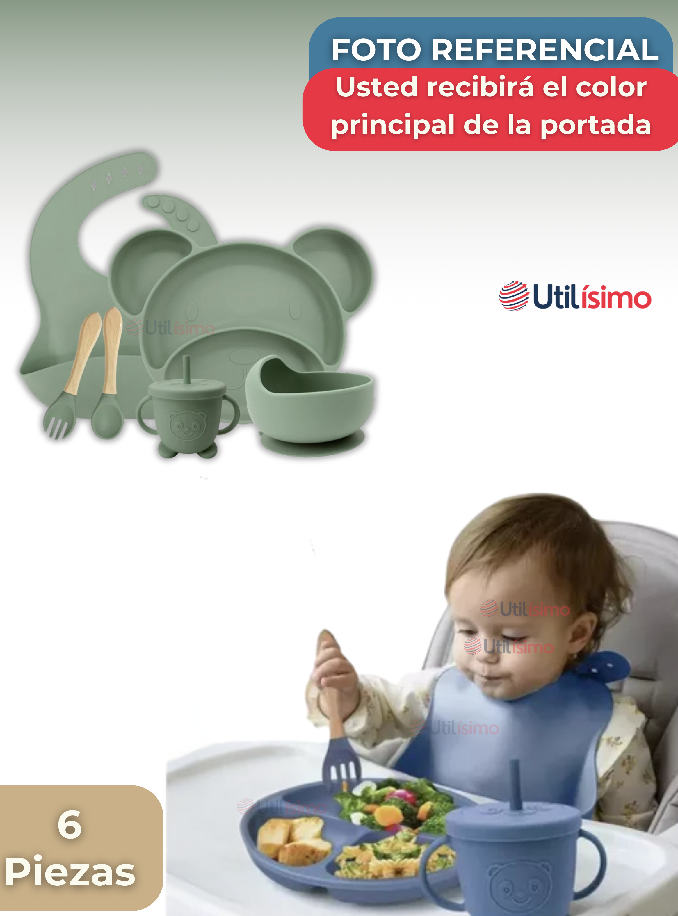 Set De Alimentación Bebé Silicona 6 Piezas Libre BPA Verde-6