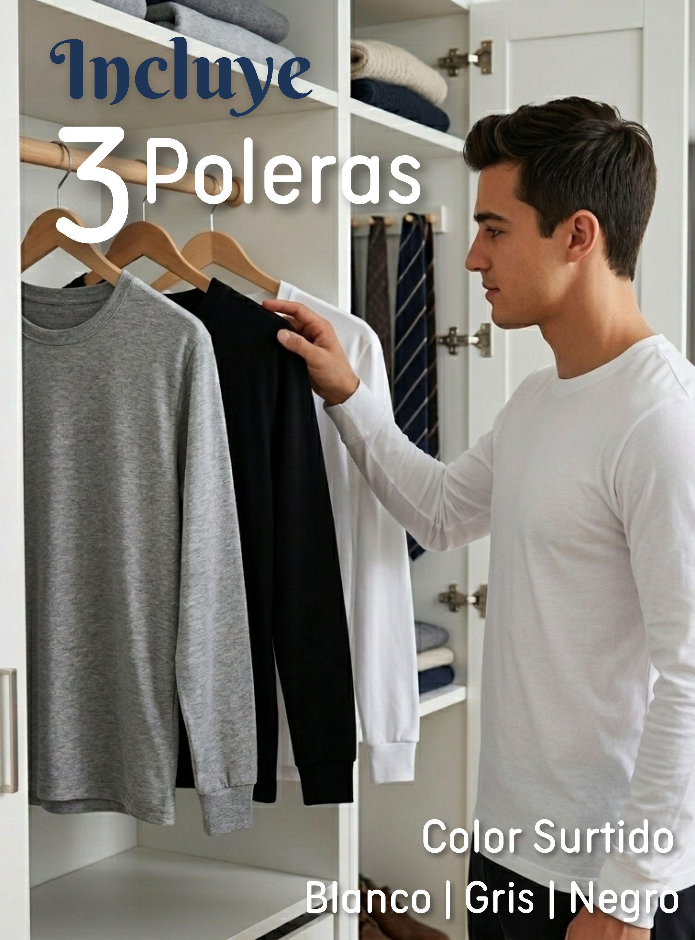 Pack 3 Camisetas Poleras Algodón Primera Capa Manga Larga Hombre Cuello Redondo-2