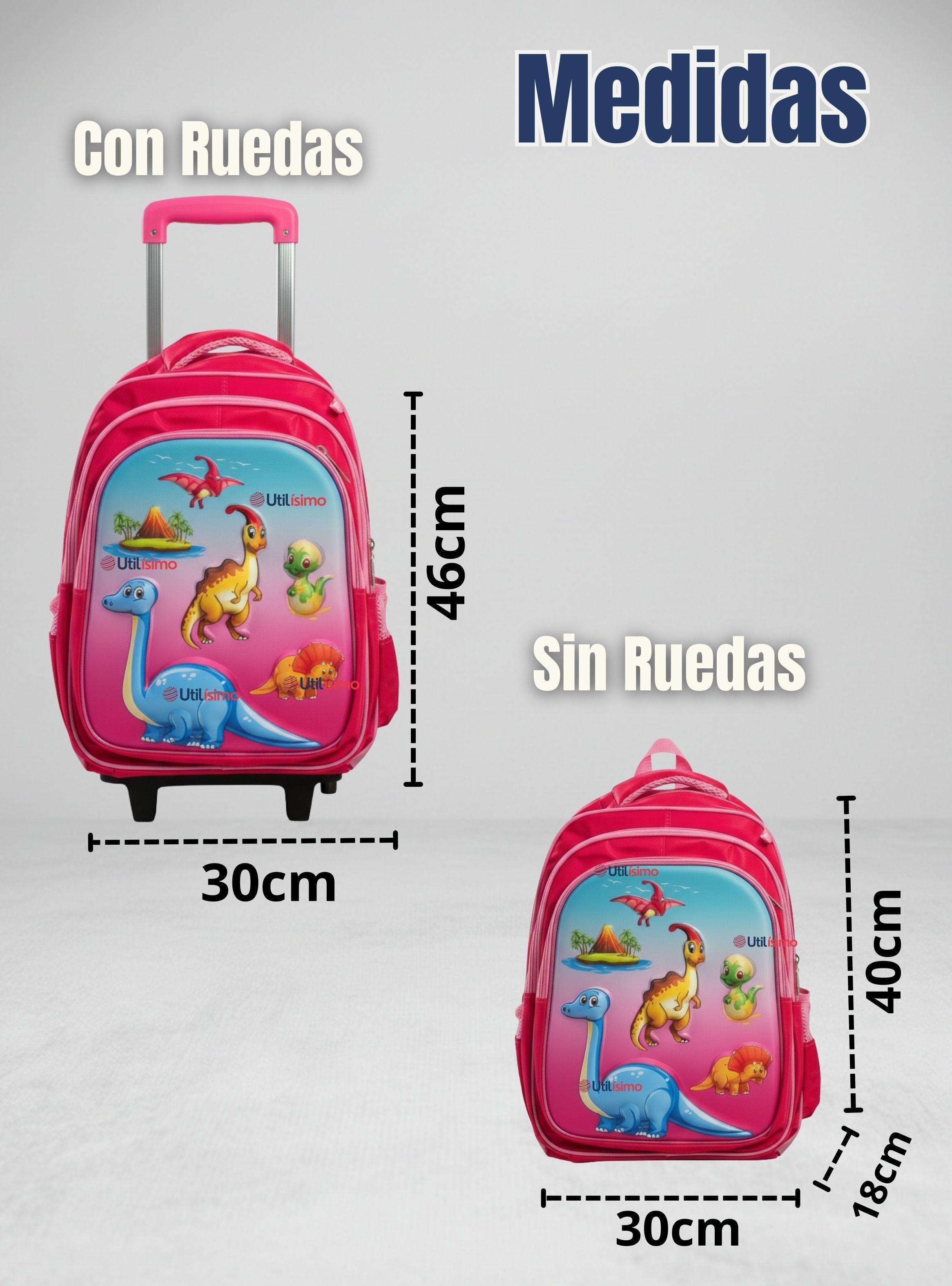 Mochila Escolar Con Ruedas + Estuche y Lonchera Desmontable Poliéster Rosa Dinosaurio para Niñas-3