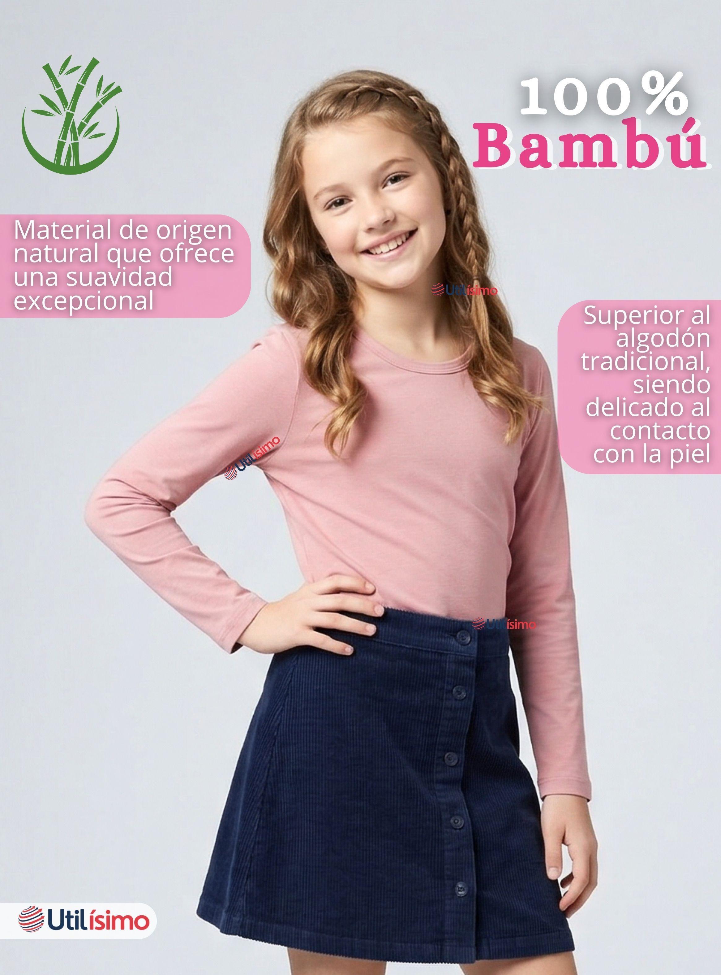 Camiseta Polera Bambú Cuello Redondo Rosado Claro Primera Capa Mangas Largas Niñas-3