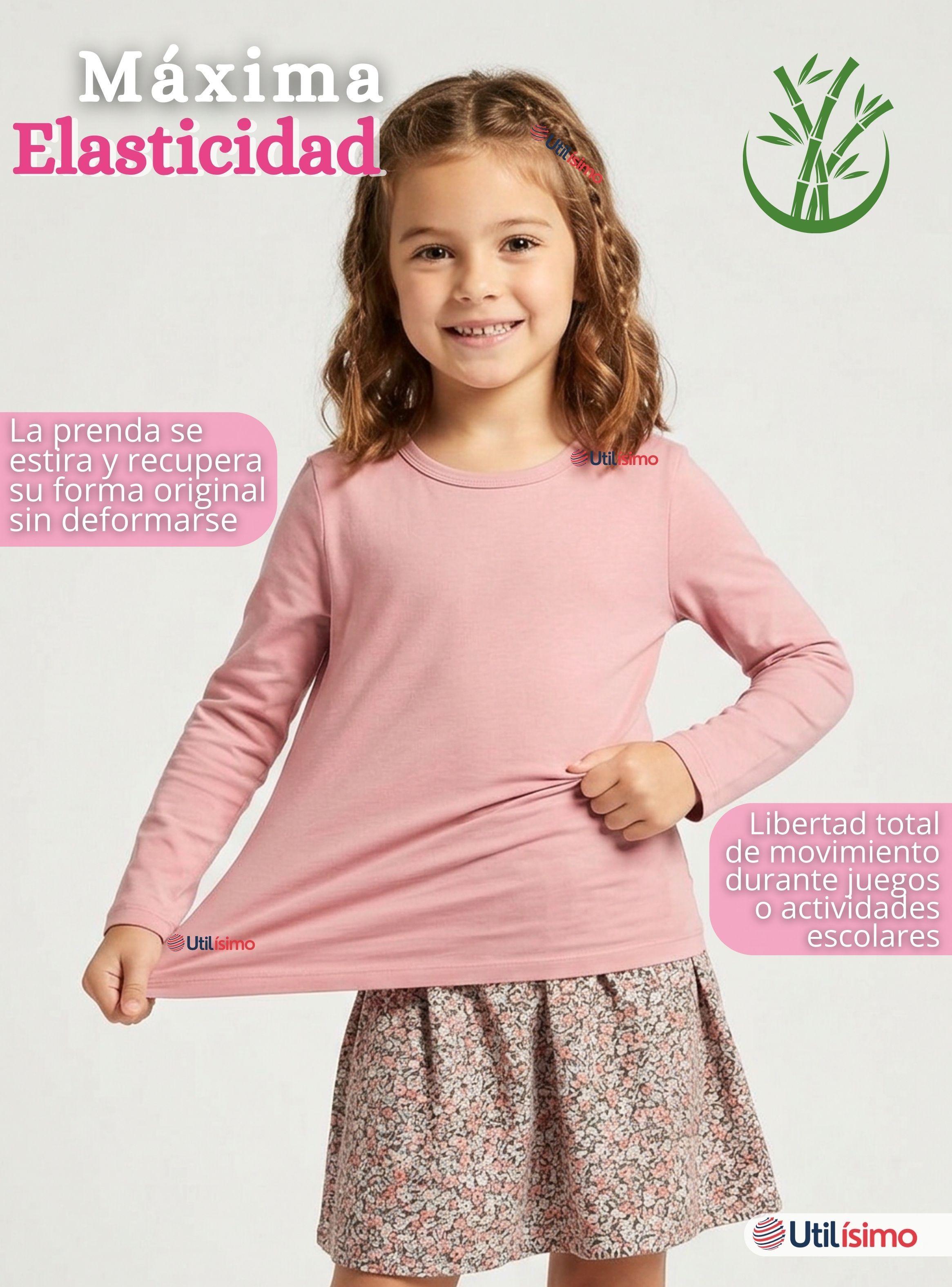 Camiseta Polera Bambú Cuello Redondo Rosado Claro Primera Capa Mangas Largas Niñas-5