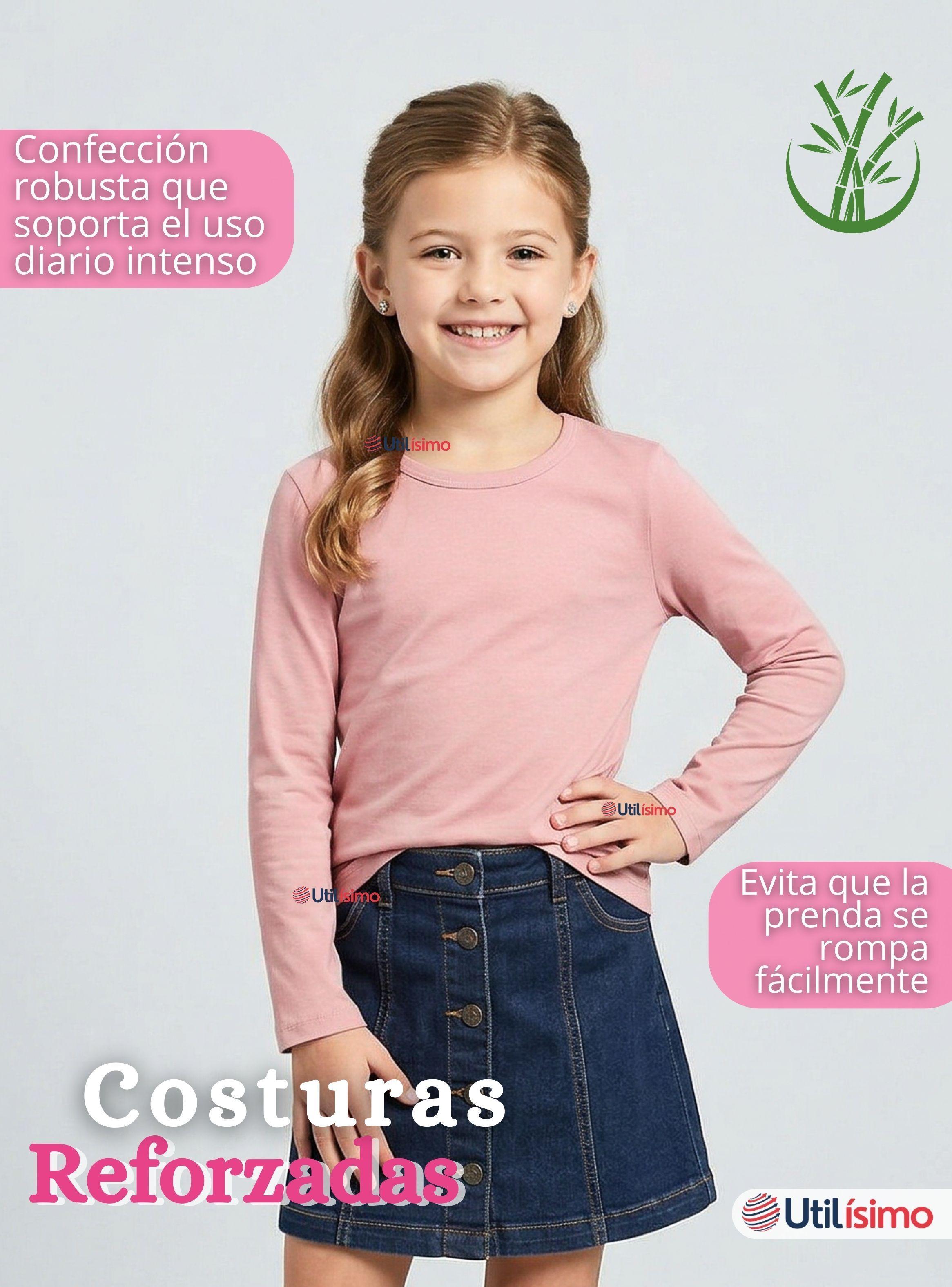 Camiseta Polera Bambú Cuello Redondo Rosado Claro Primera Capa Mangas Largas Niñas-7