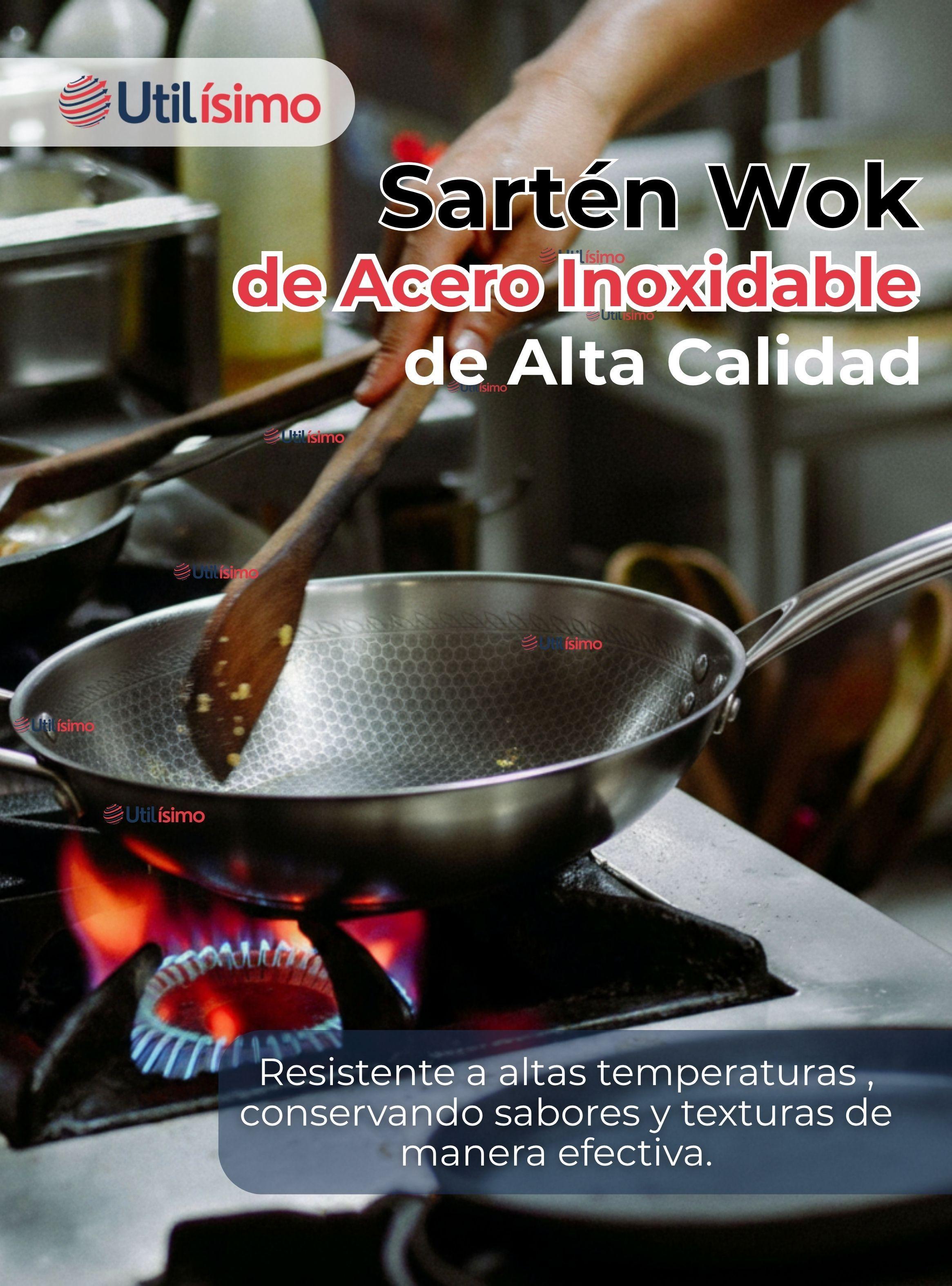 Sartén Wok Acero Inoxidable Antiadherente 34cm +Cuchara de Madera Bambú-2
