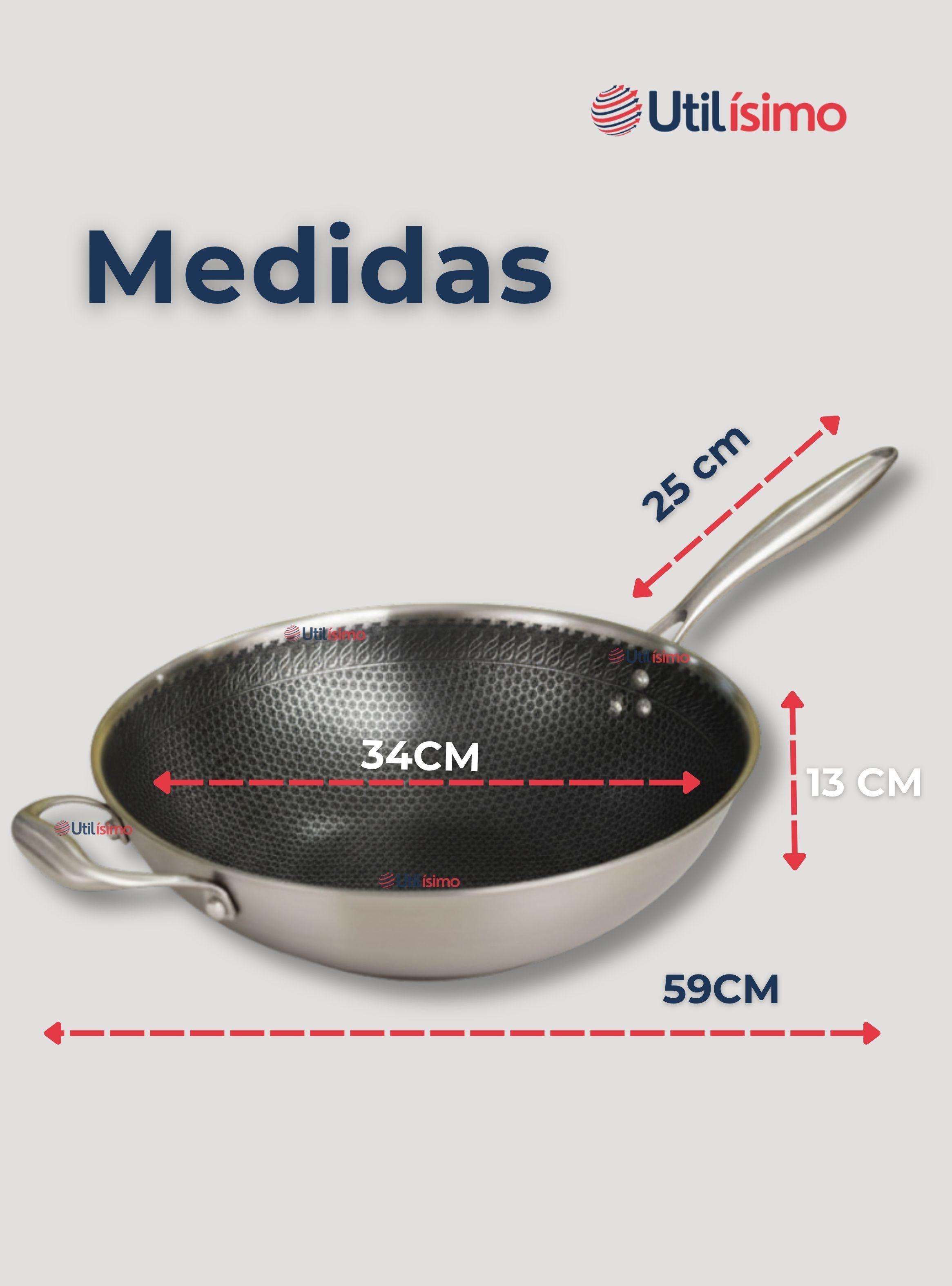 Sartén Wok Acero Inoxidable Antiadherente 34cm +Cuchara de Madera Bambú-4