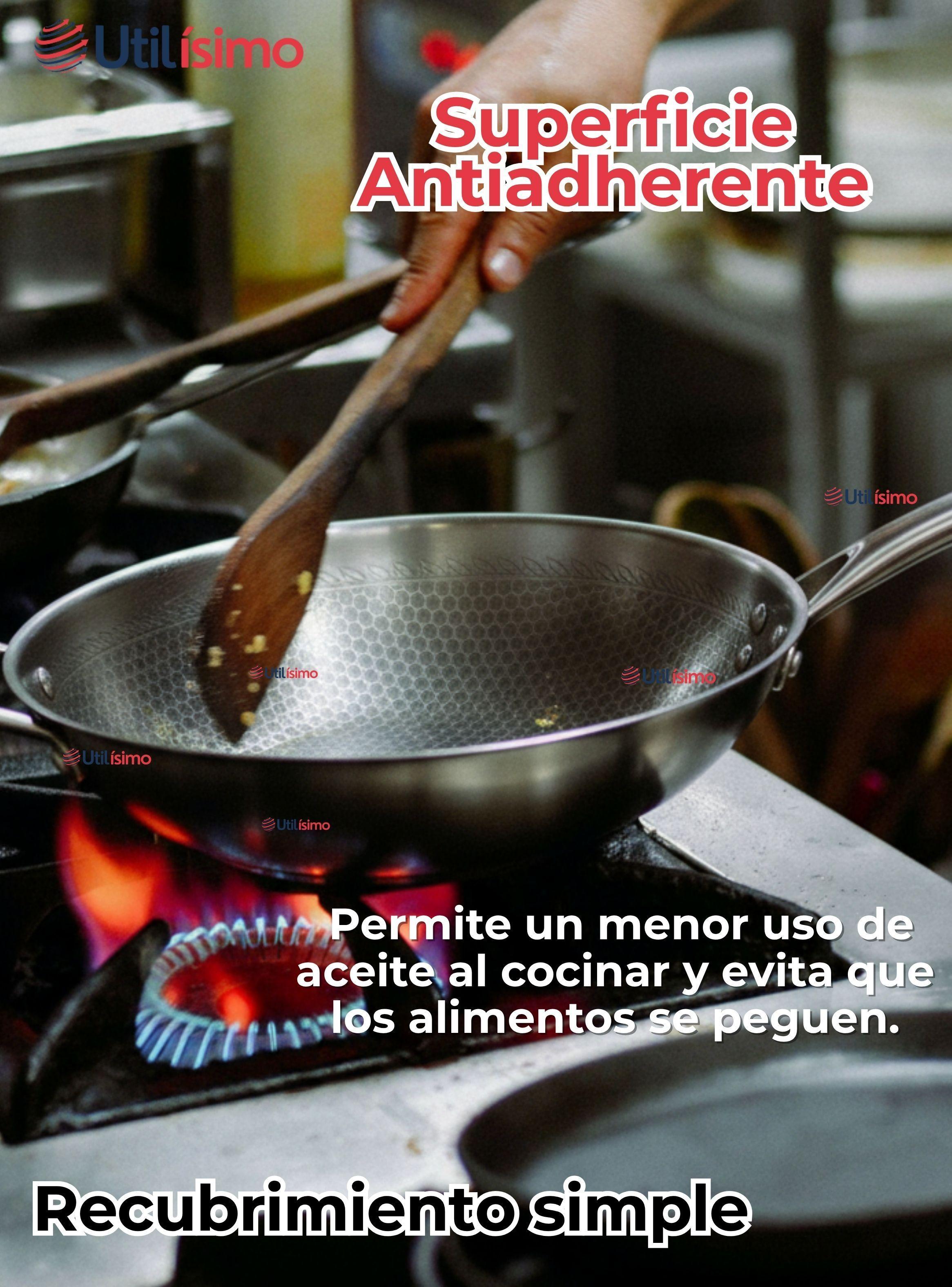 Sartén Wok Acero Inoxidable Antiadherente 34cm +Cuchara de Madera Bambú-6