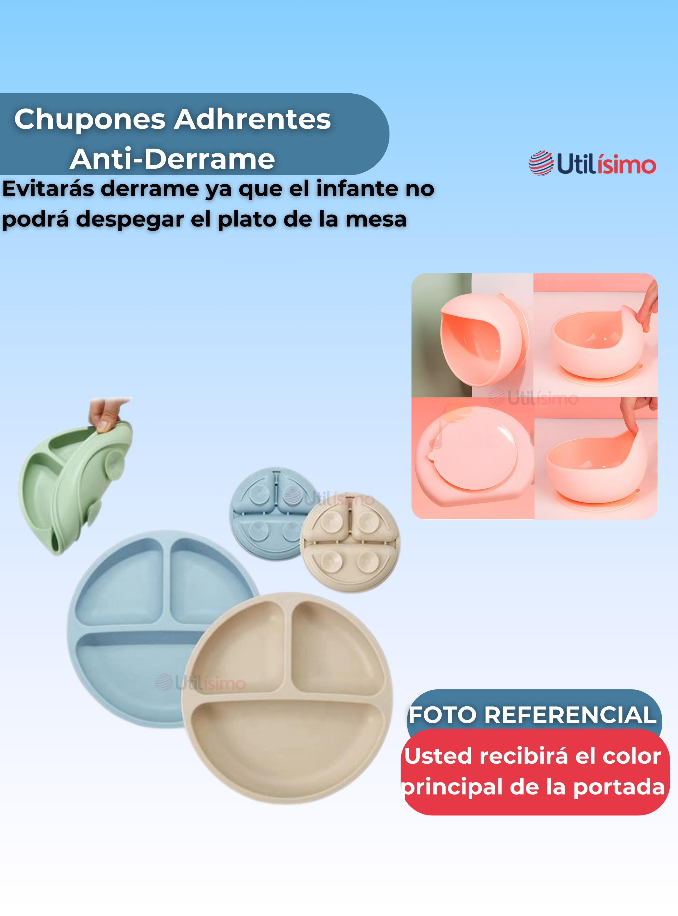 Set De Alimentación Bebé Silicona De Oso 6 Piezas Libre BPA Azul-7