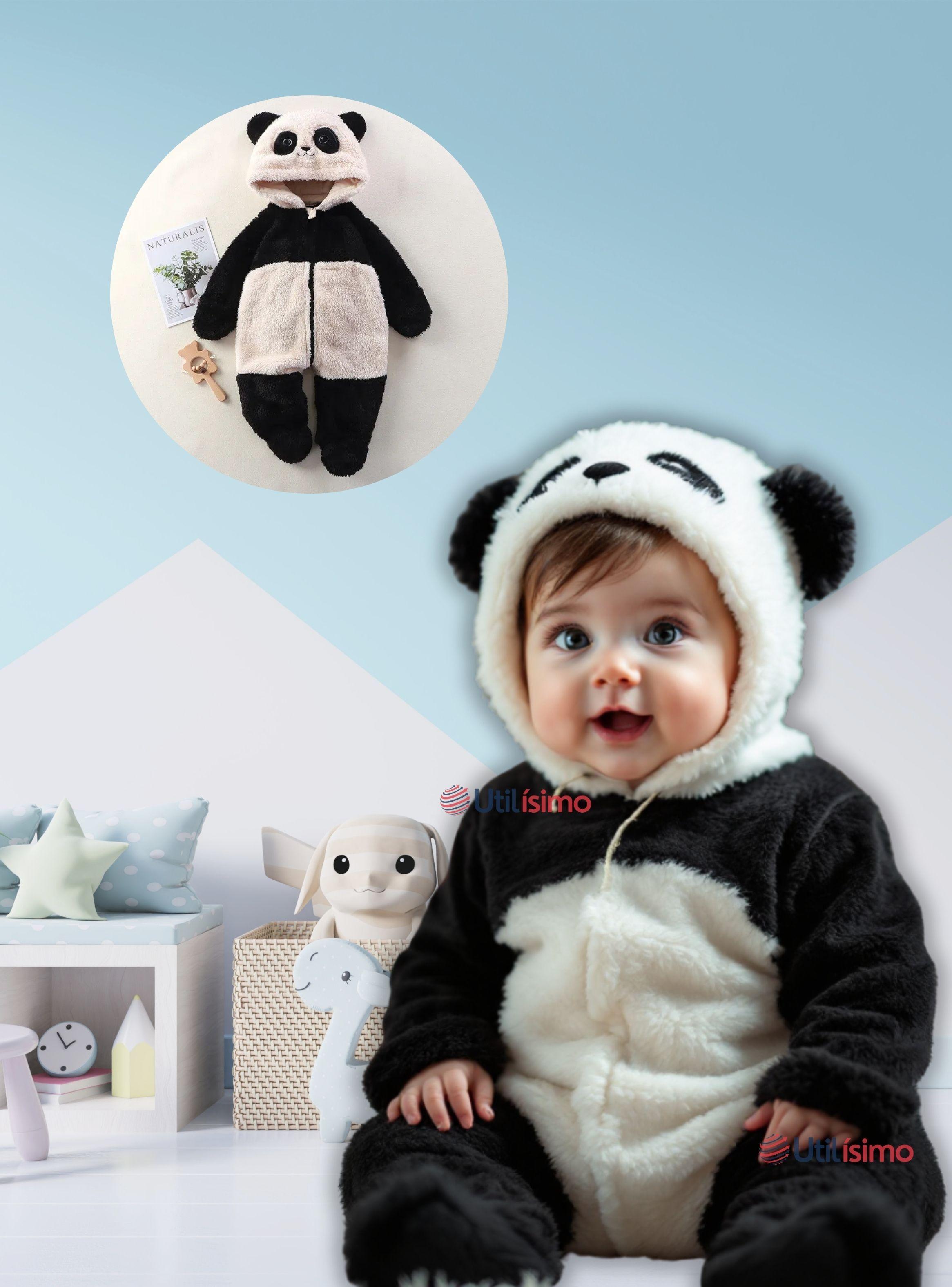 Enterito Panda con Capucha bebe Polar Blanco y Negro-0