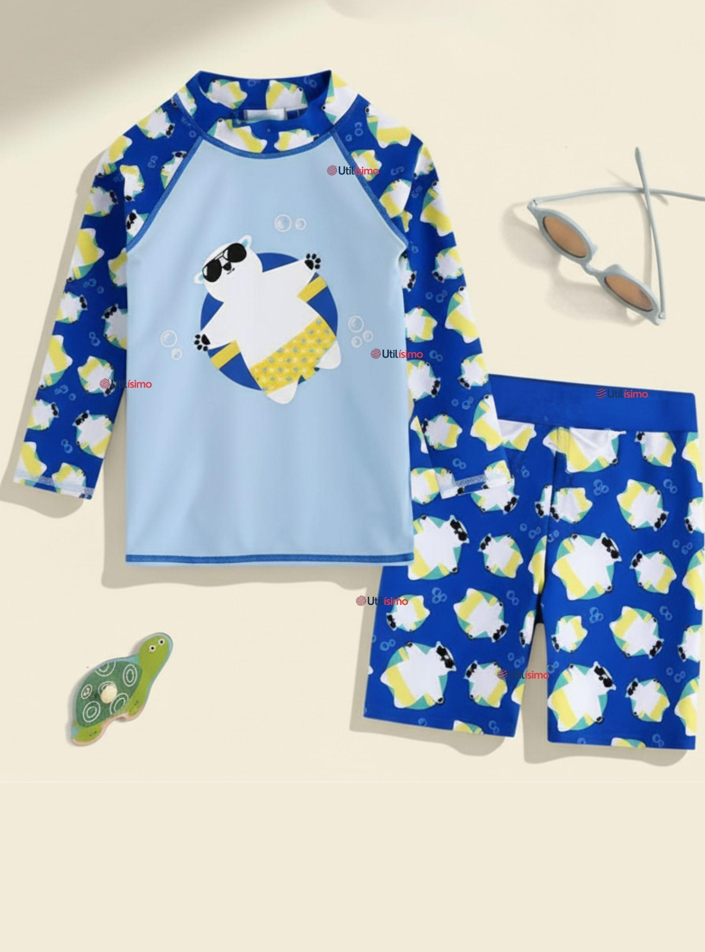 Traje de Baño Manga Larga Pantalón Corto 2 Piezas para Niños 3 a 9 años Blue Polar Bear-0
