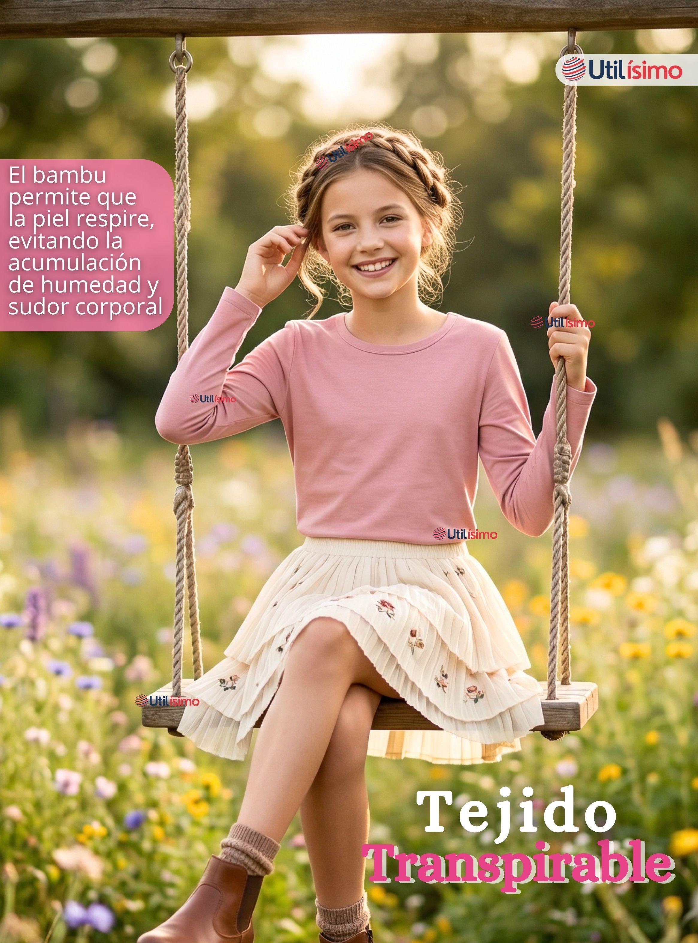 Pack 3 Camisetas Poleras Bambú Cuello Redondo Rosado Claro Primera Capa Mangas Largas para Niñas-7