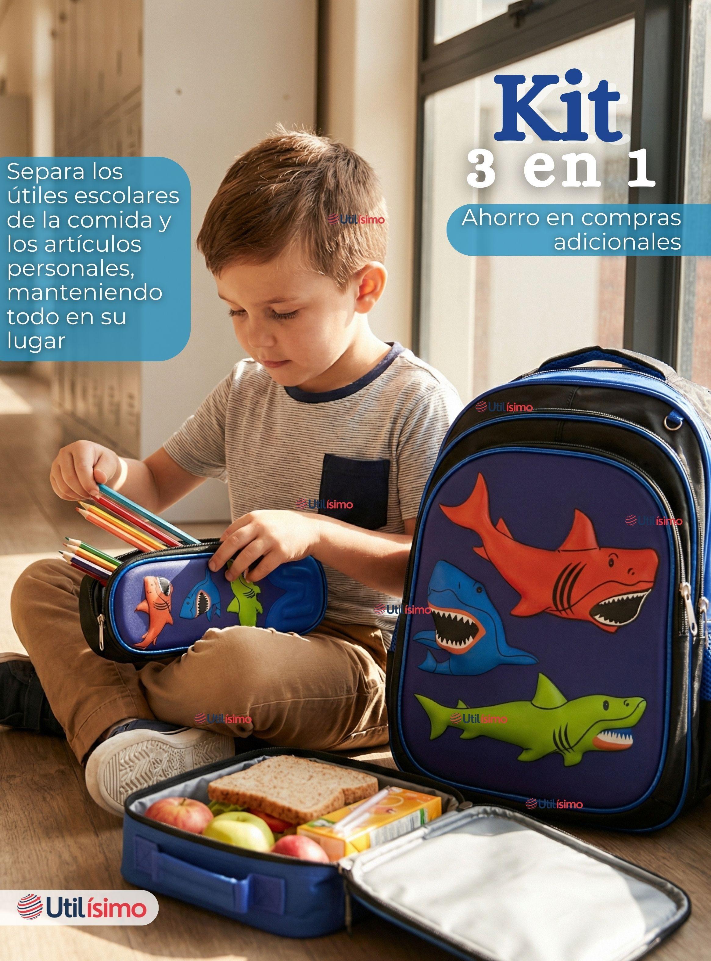 Mochila Escolar Con Ruedas + Estuche y Lonchera Desmontable Poliéster Color Azul Tiburón Niño-2