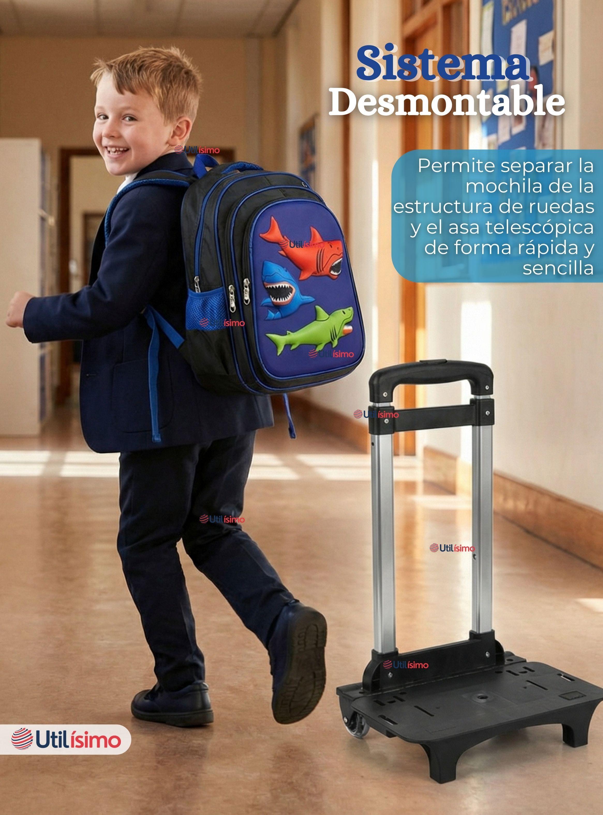 Mochila Escolar Con Ruedas + Estuche y Lonchera Desmontable Poliéster Color Azul Tiburón Niño-5