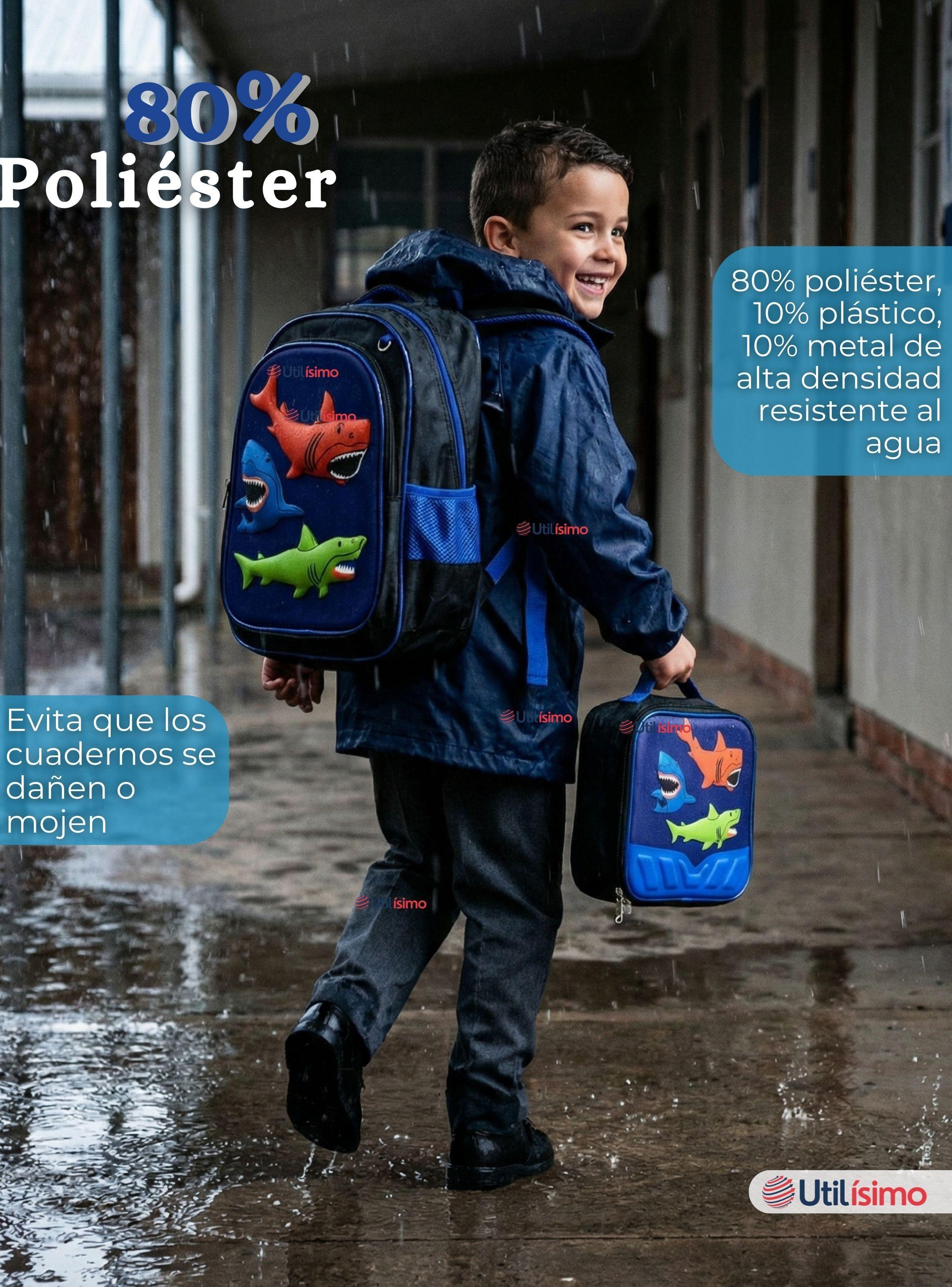 Mochila Escolar Con Ruedas + Estuche y Lonchera Desmontable Poliéster Color Azul Tiburón Niño-6